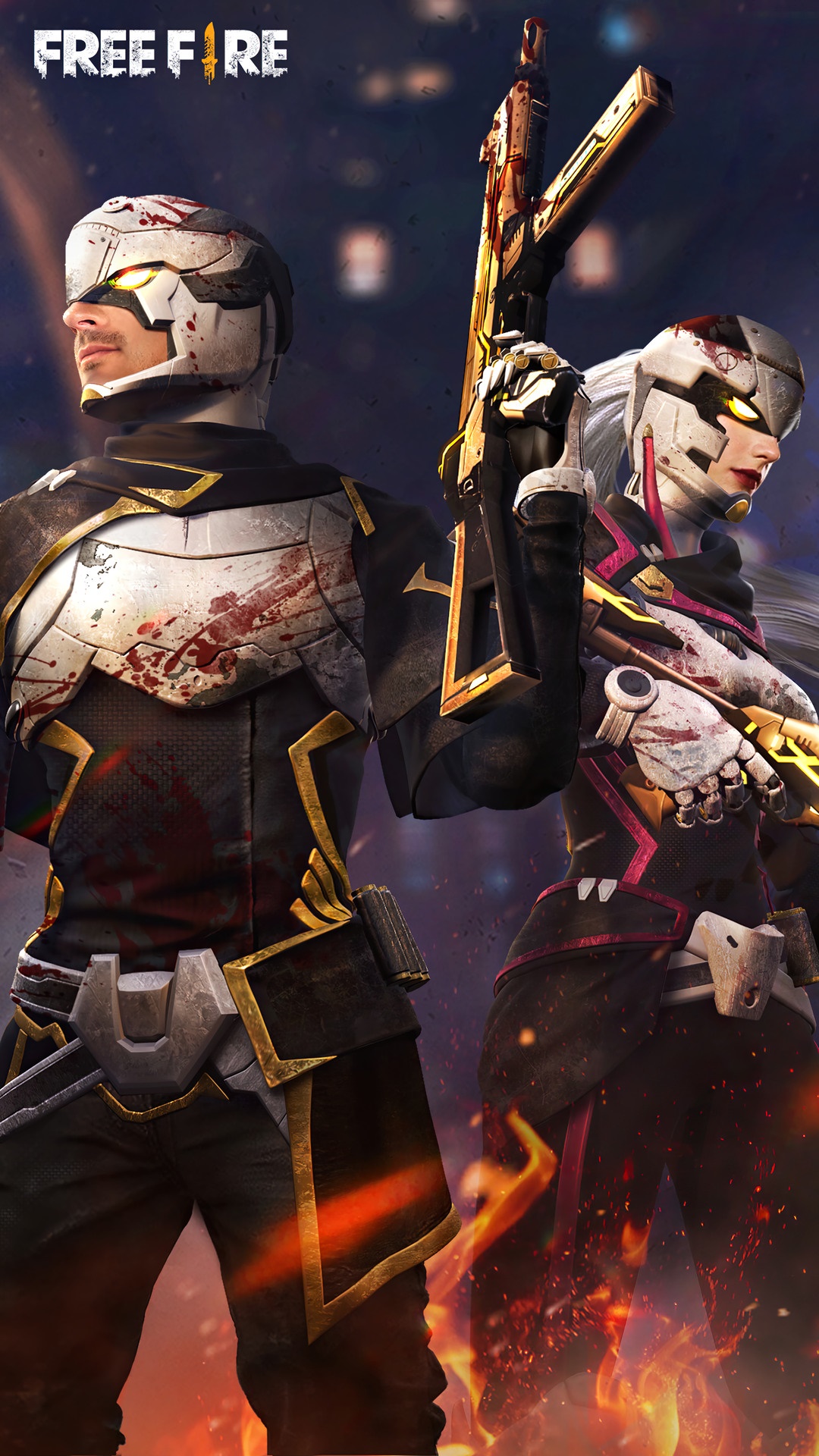 Free Fire characters with bloody armor and guns HD Phone Wallpaper