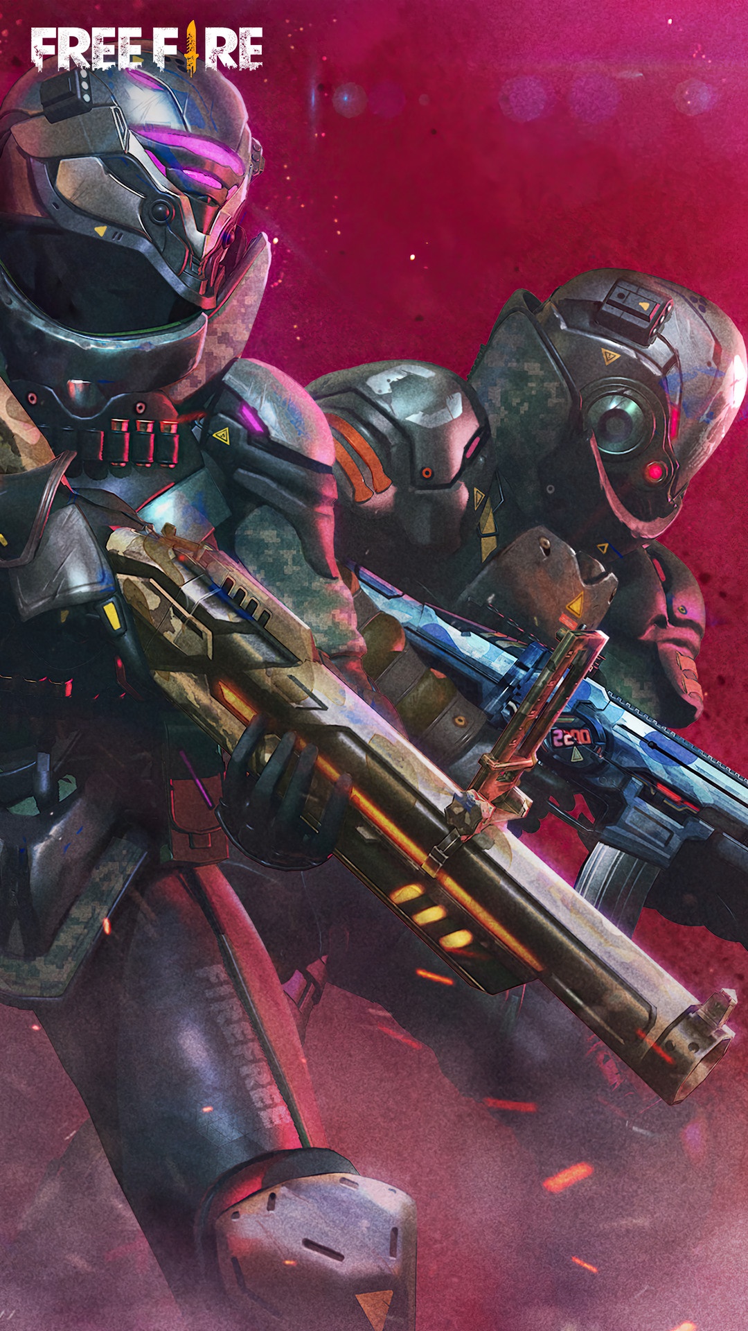 Free Fire characters with futuristic armor and weapons HD Phone Wallpaper