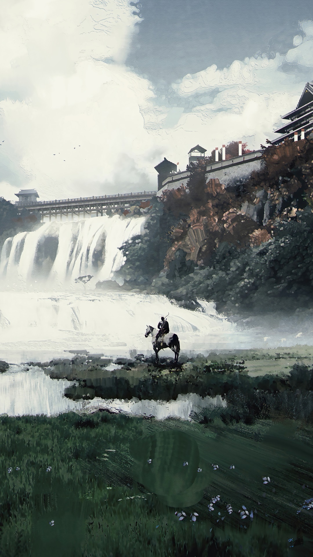Man on horse by waterfall in Ghost of Tsushima HD Phone Wallpaper