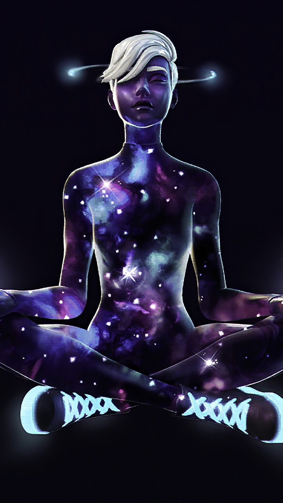 Fortnite character meditating with galaxy skin HD Phone Wallpaper