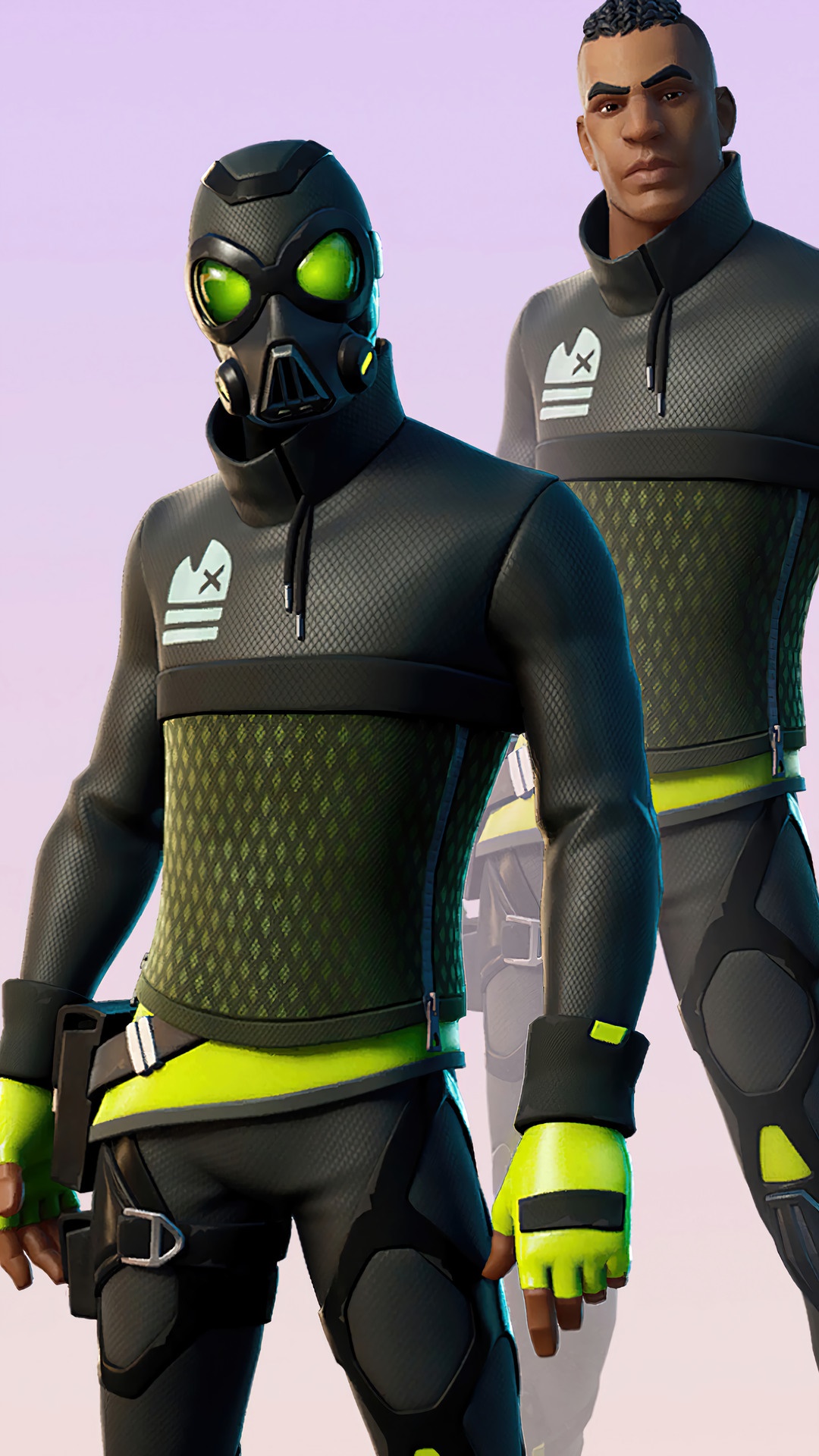 Fortnite character with gas mask and green accents HD Phone Wallpaper