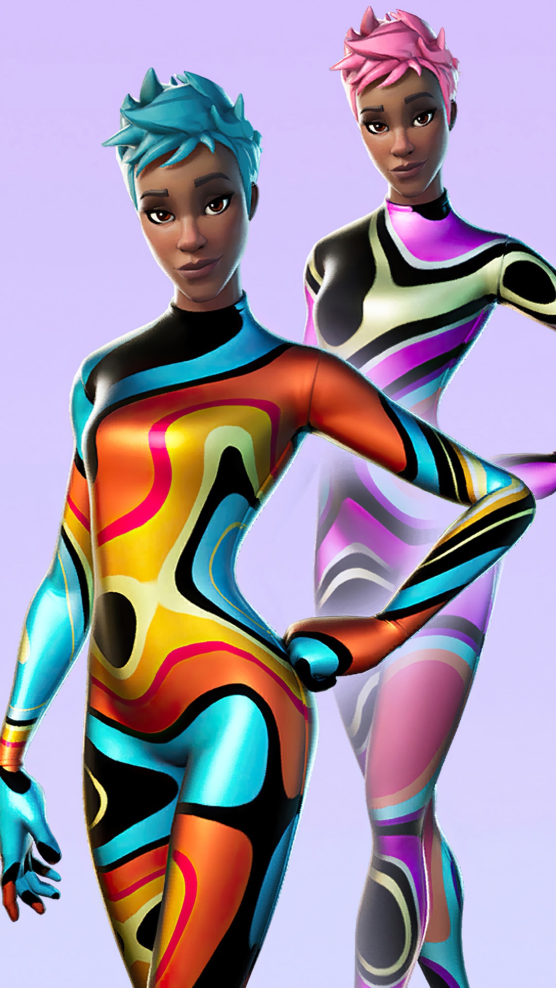 Fortnite characters with colorful wavy outfits HD Phone Wallpaper