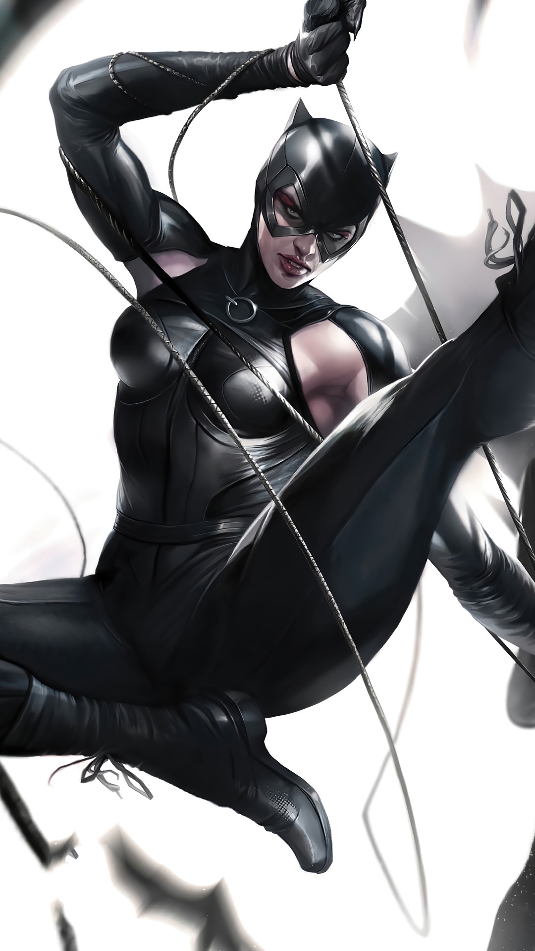 Catwoman from DC Comics swinging on a whip HD Phone Wallpaper