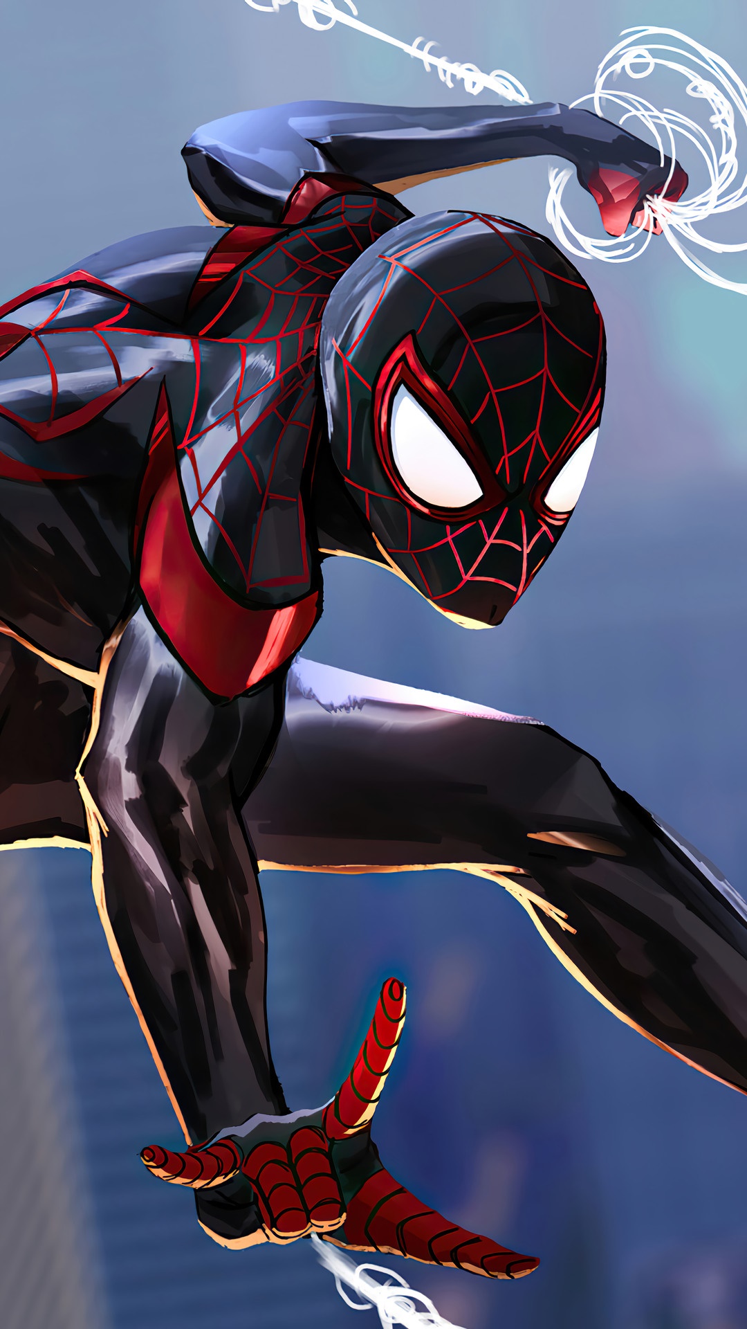 Miles Morales Spider-Man swinging with webs HD Phone Wallpaper