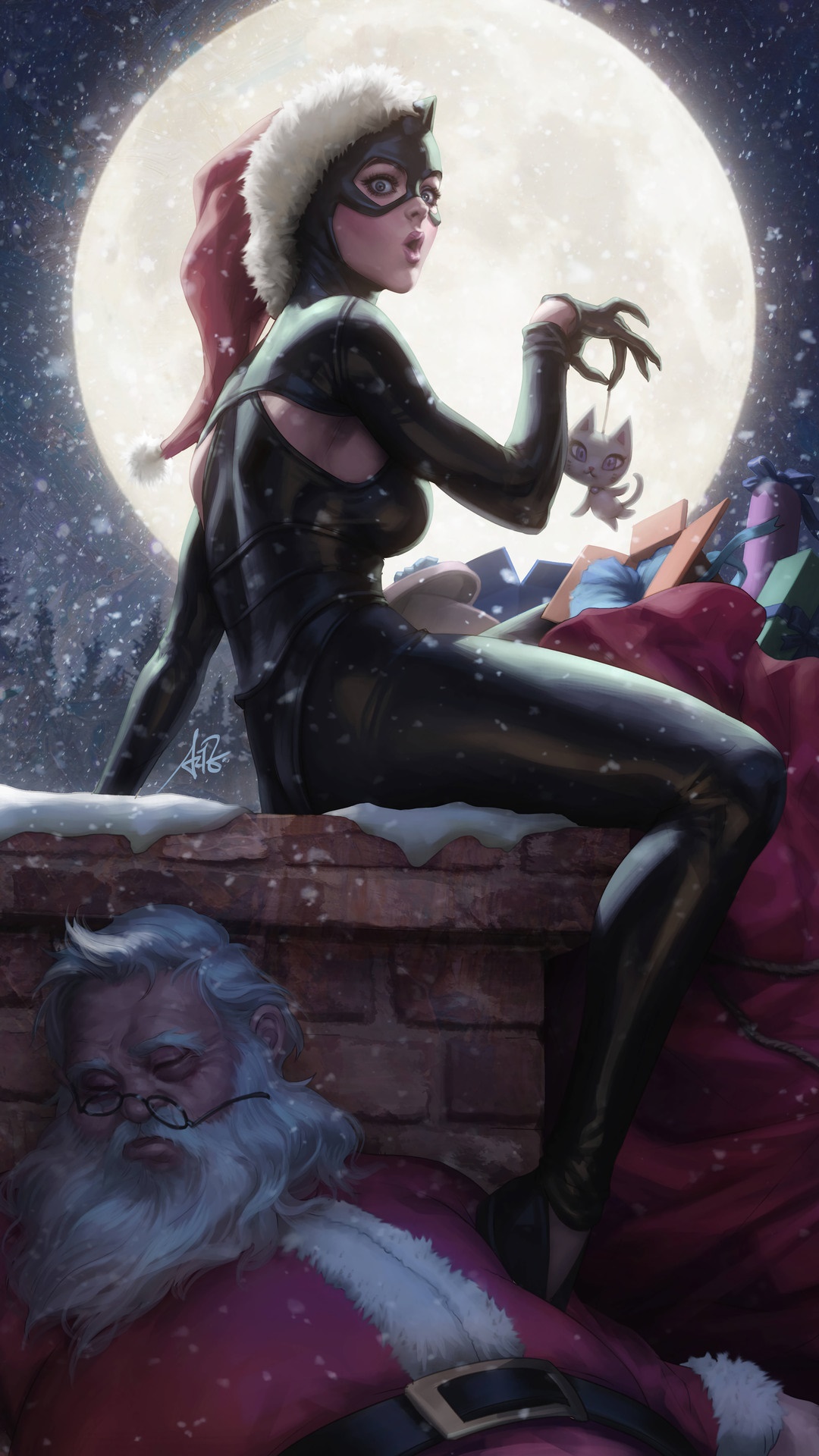 Catwoman with Santa hat and sleeping Santa Claus HD Phone Wallpaper