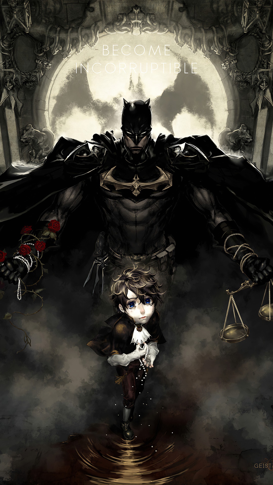 Batman from DC Comics with a child holding scales HD Phone Wallpaper