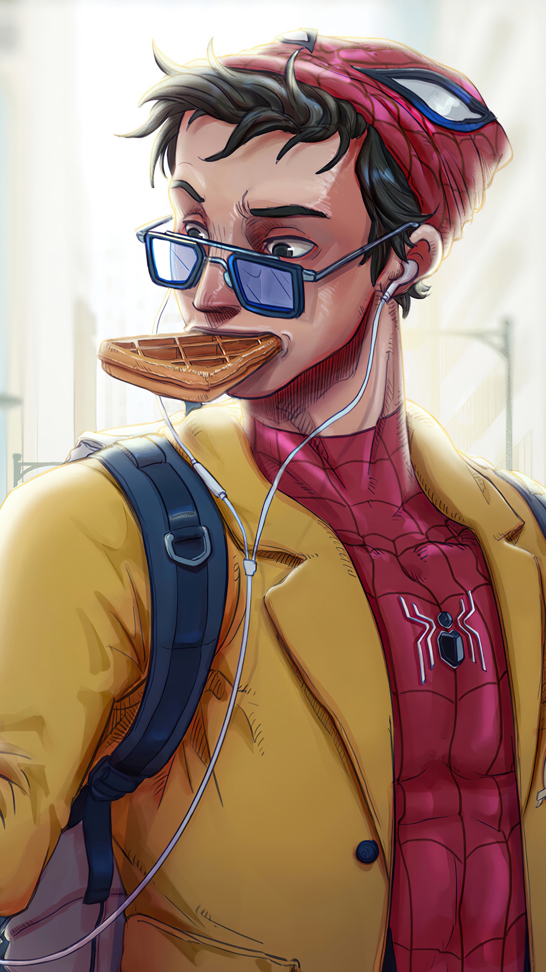 Spider-Man wearing a beanie and glasses eats a waffle HD Phone Wallpaper