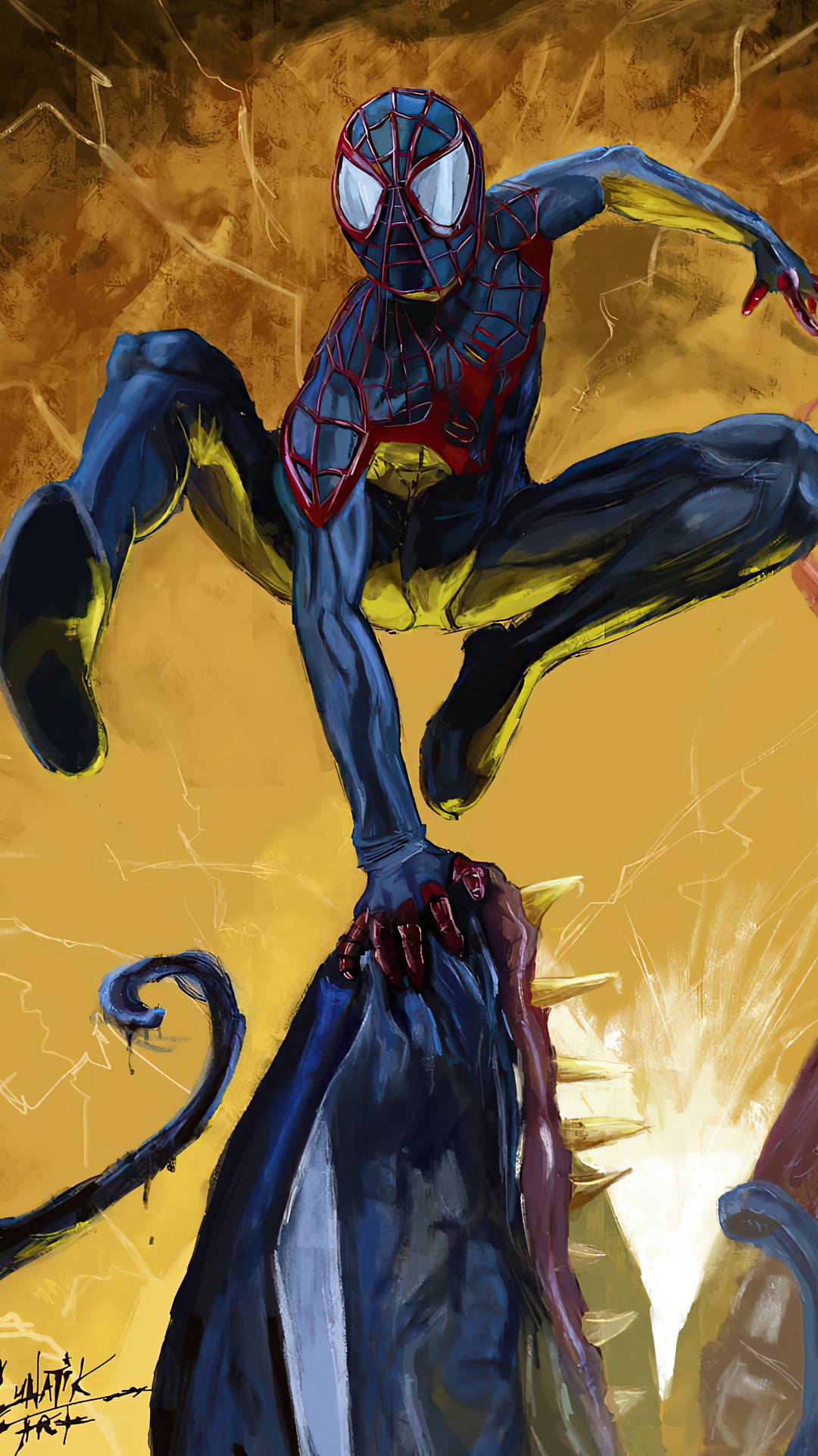 Miles Morales as Spider-Man fighting a creature HD Phone Wallpaper