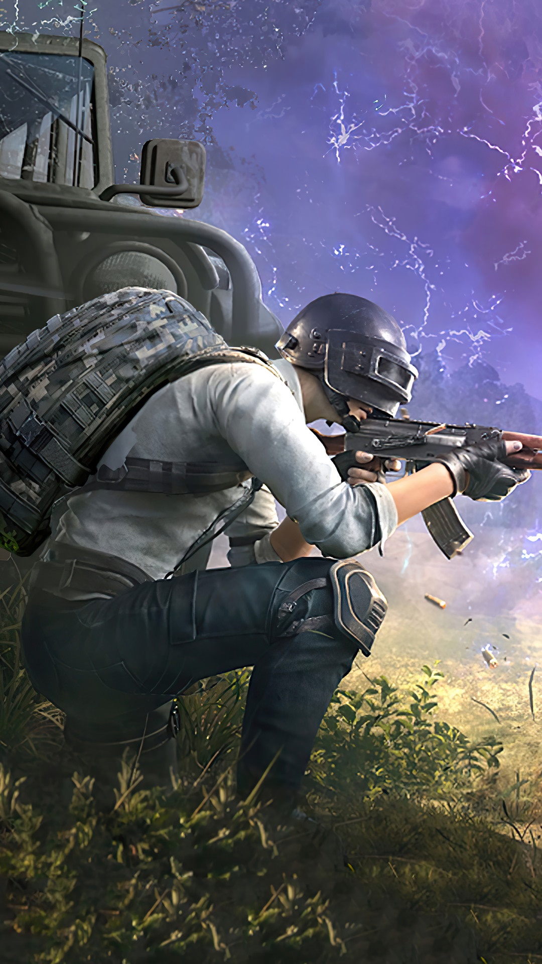 Player from PUBG aiming a rifle near a vehicle HD Phone Wallpaper