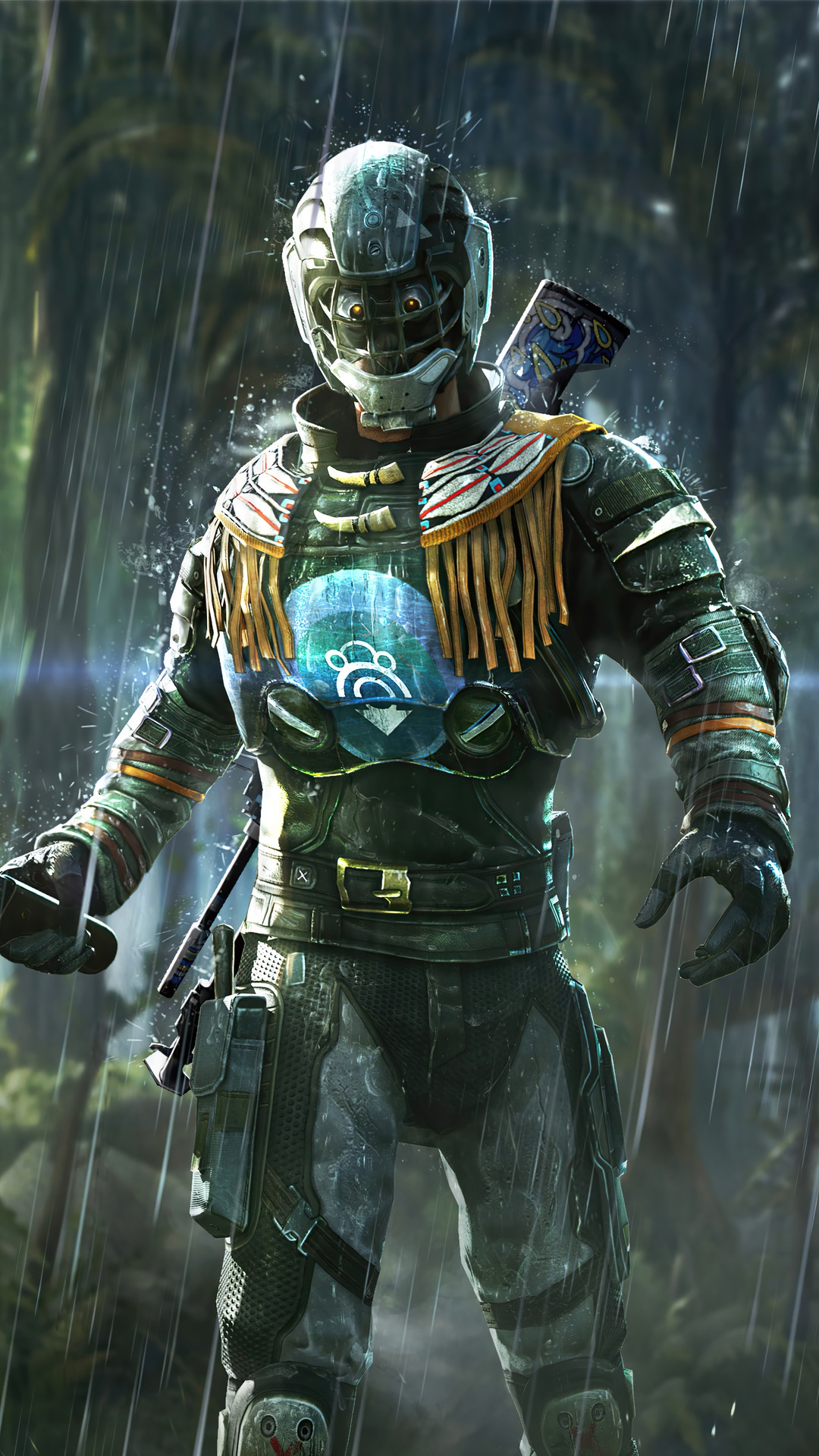 Soldier in futuristic armor in the rain HD Phone Wallpaper