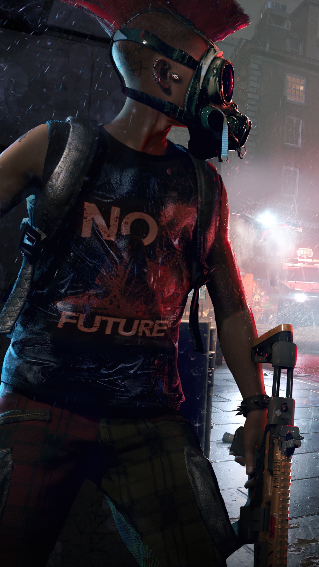 Character from Watch Dogs Legion with gas mask and rifle HD Phone Wallpaper
