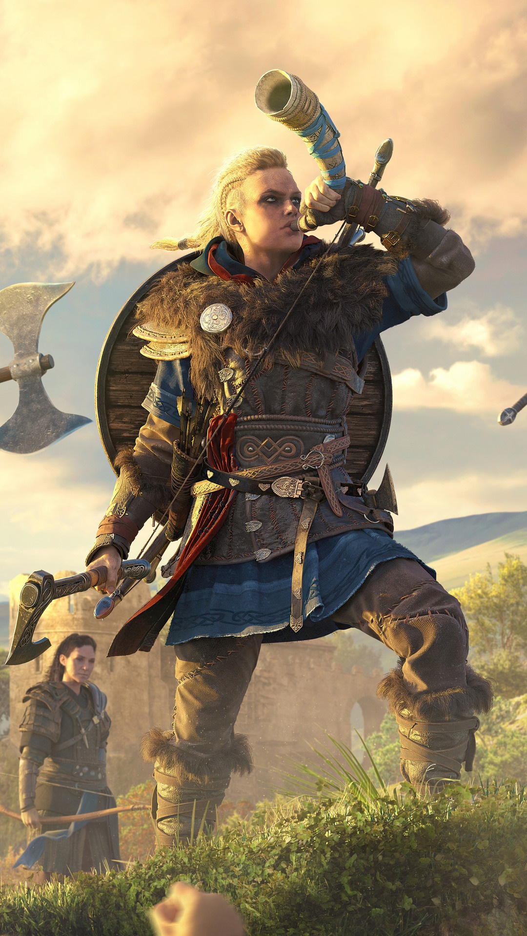 Eivor from Assassins Creed Valhalla blowing a horn HD Phone Wallpaper