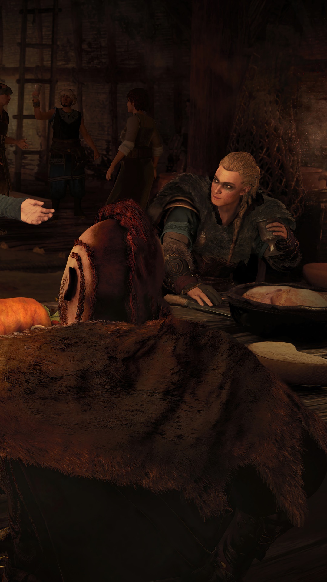 Assassins Creed Valhalla characters in a dimly lit room HD Phone Wallpaper