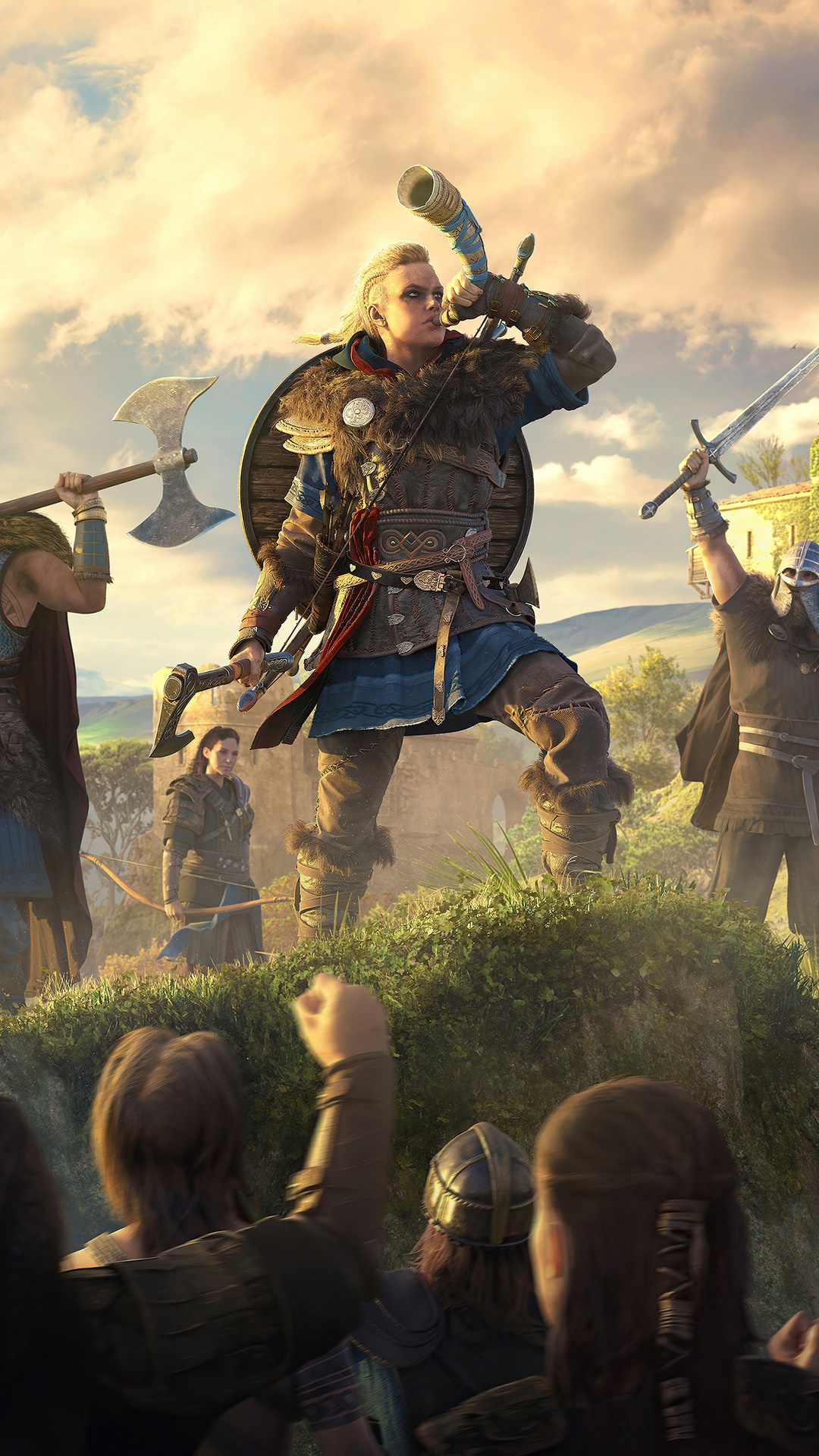 Eivor from Assassins Creed Valhalla blowing a horn HD Phone Wallpaper