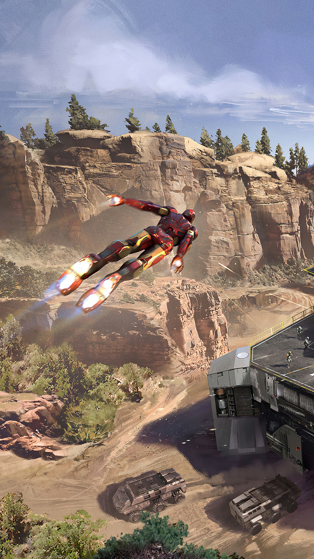 Iron Man flying in a desert landscape HD Phone Wallpaper