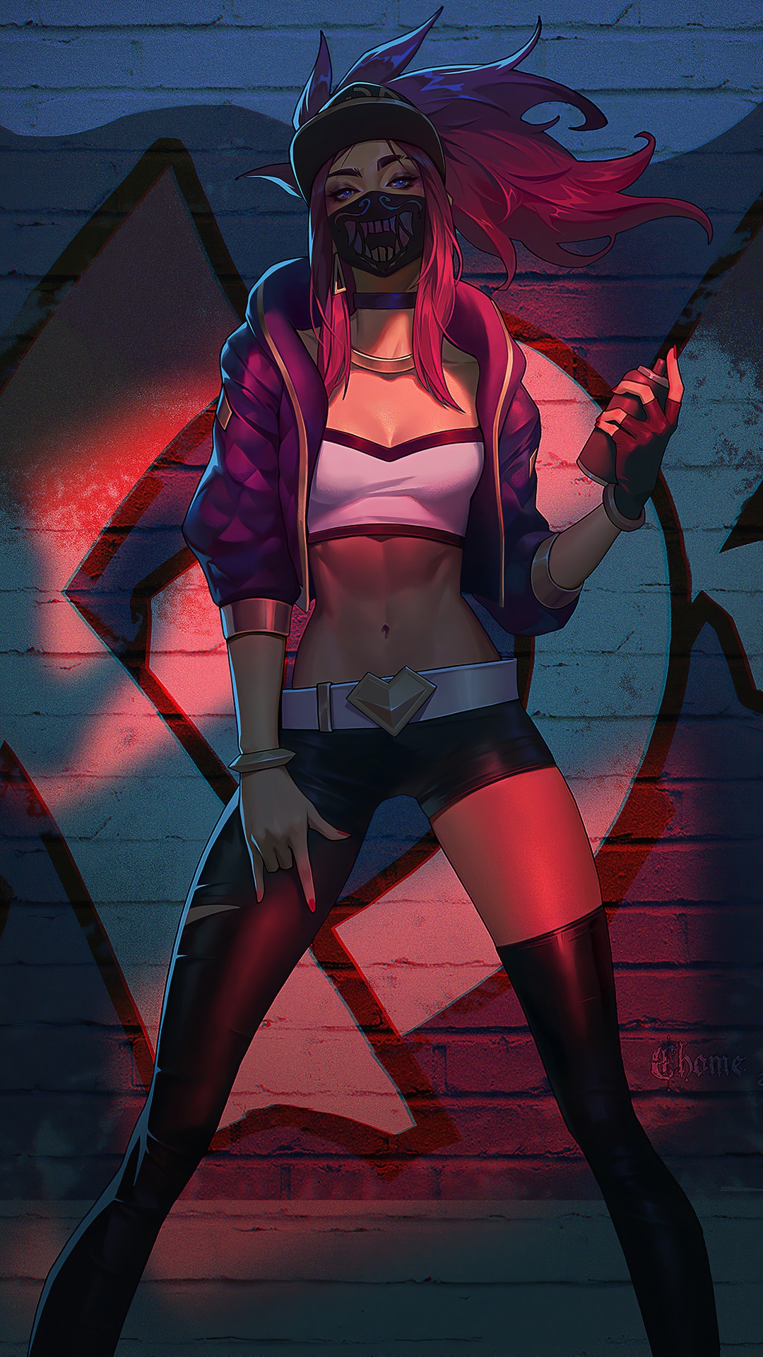 Akali from League of Legends holding a spray can HD Phone Wallpaper