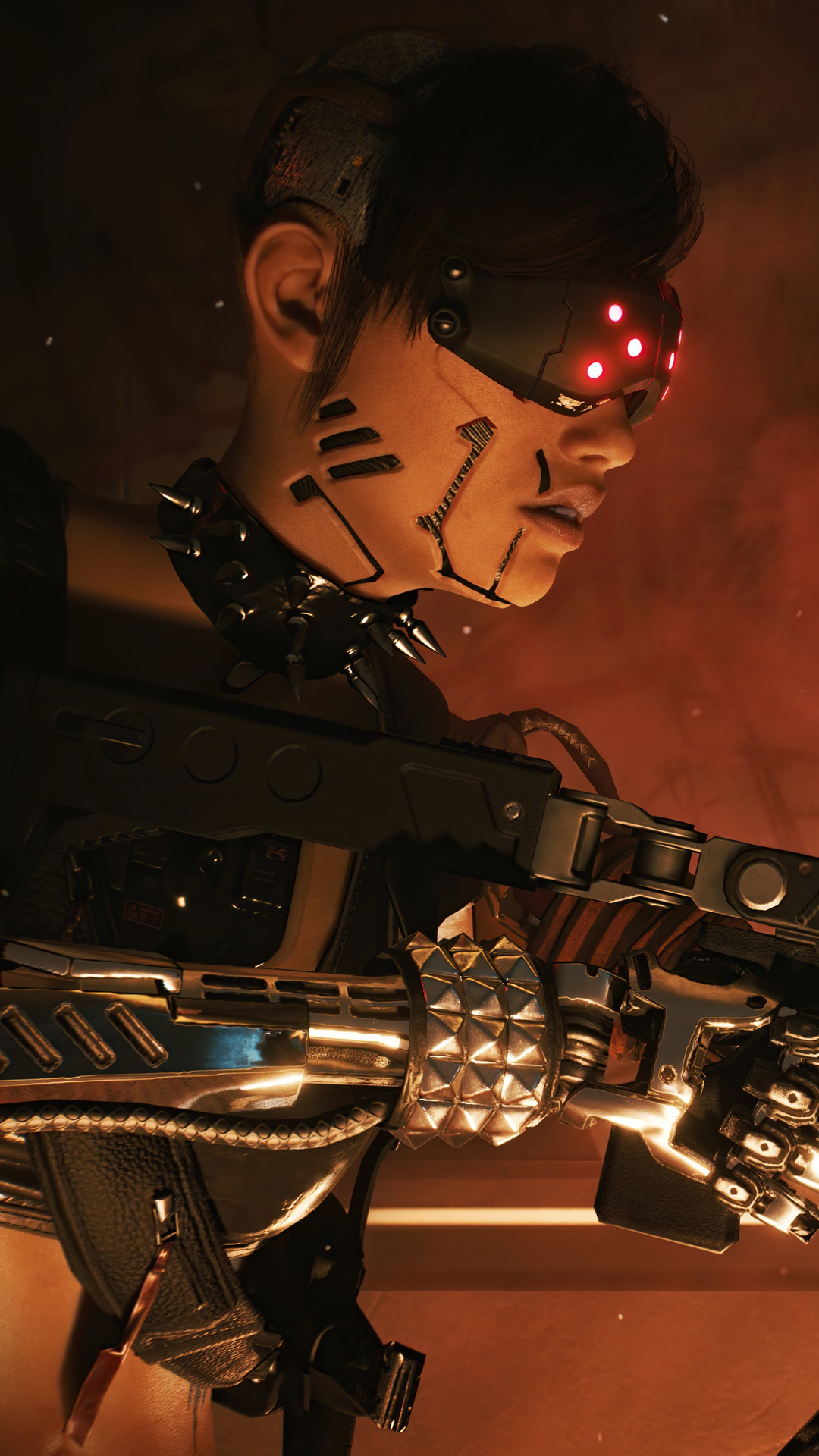 Female cyborg with cybernetic eye implants and a gun from Cyberpunk 2077 HD Phone Wallpaper