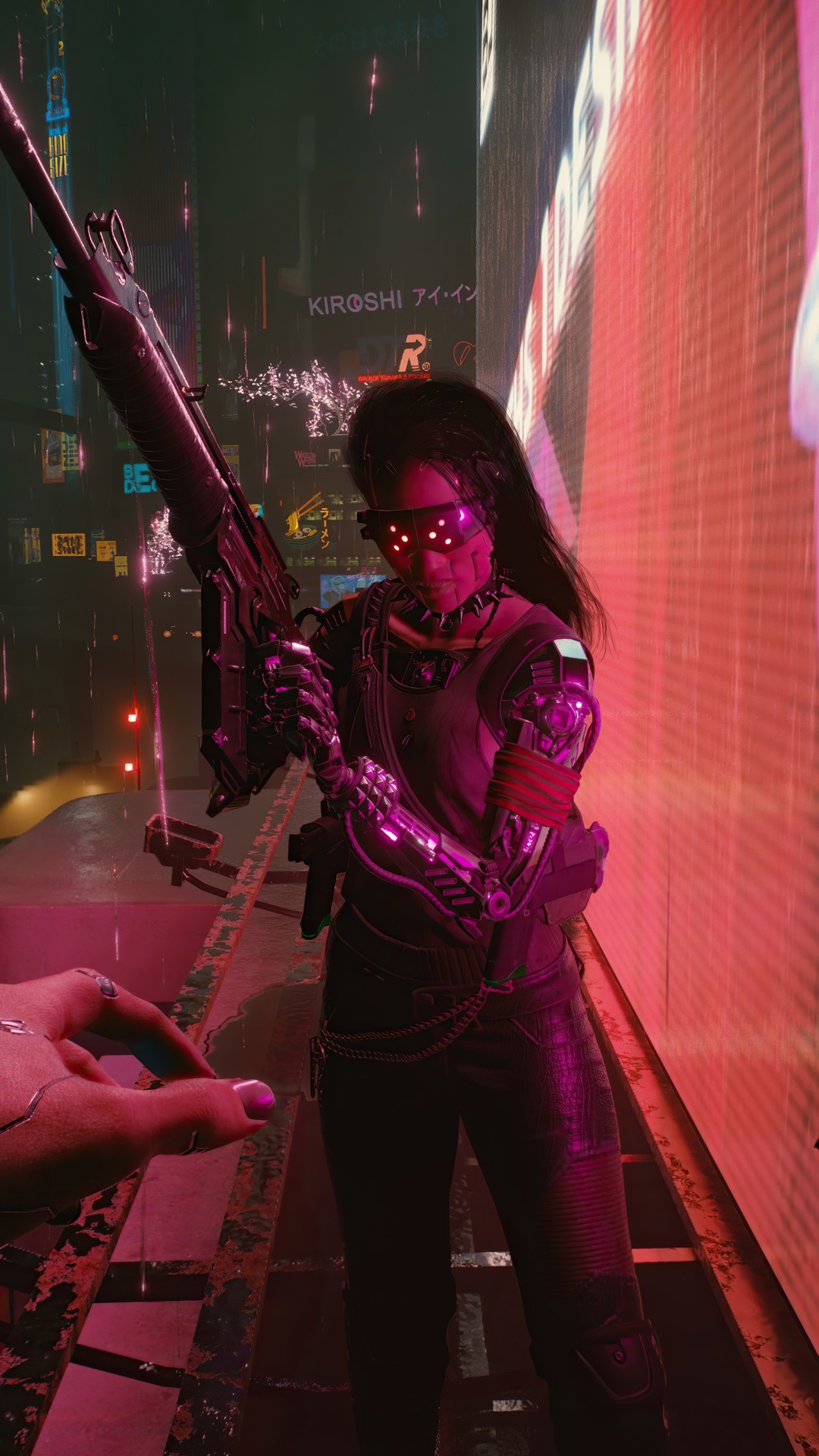 Female character with cybernetic arm and sniper rifle in Cyberpunk 2077 HD Phone Wallpaper
