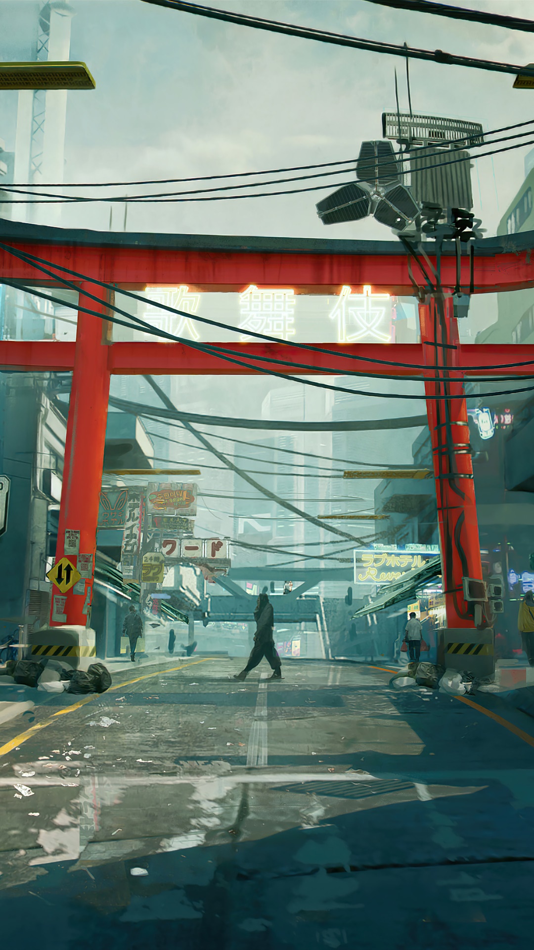 Cyberpunk 2077 street scene with red torii gate HD Phone Wallpaper