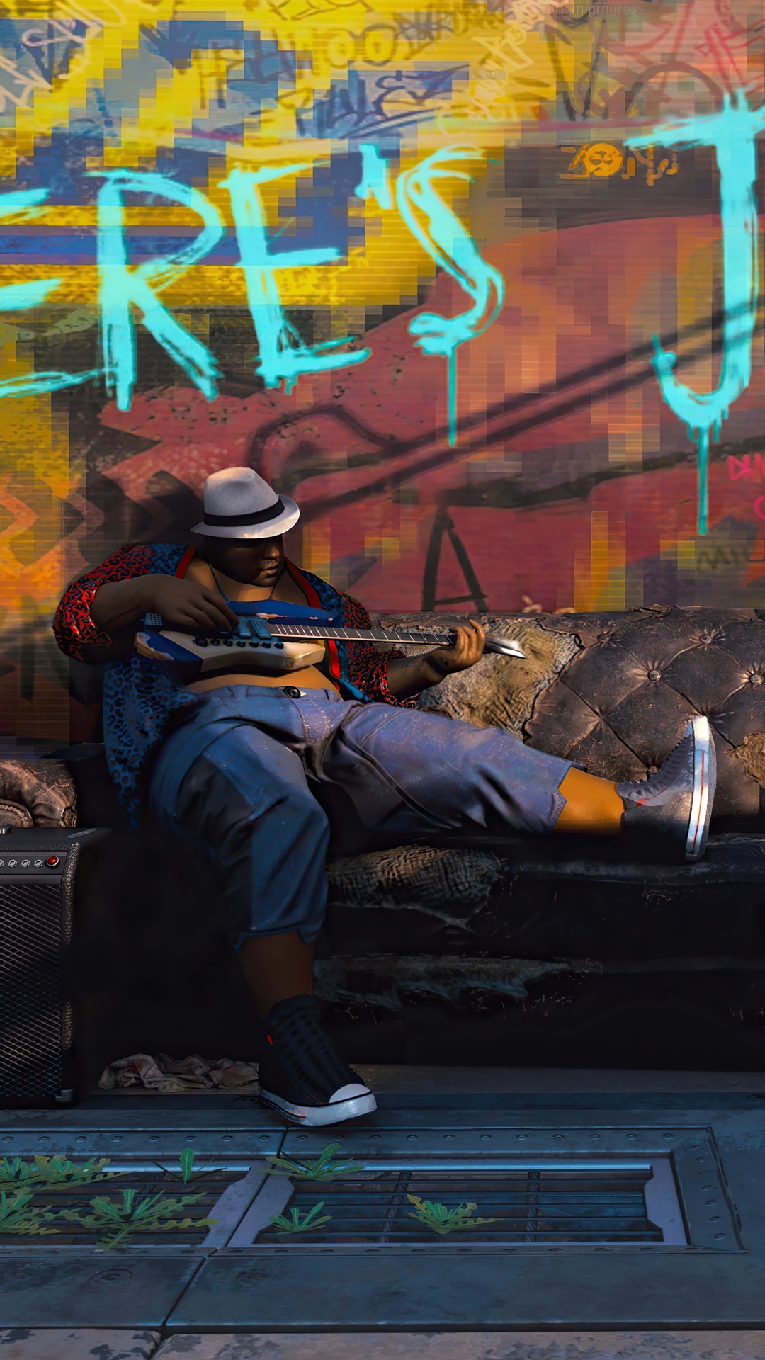 Man playing guitar in front of graffiti wall HD Phone Wallpaper