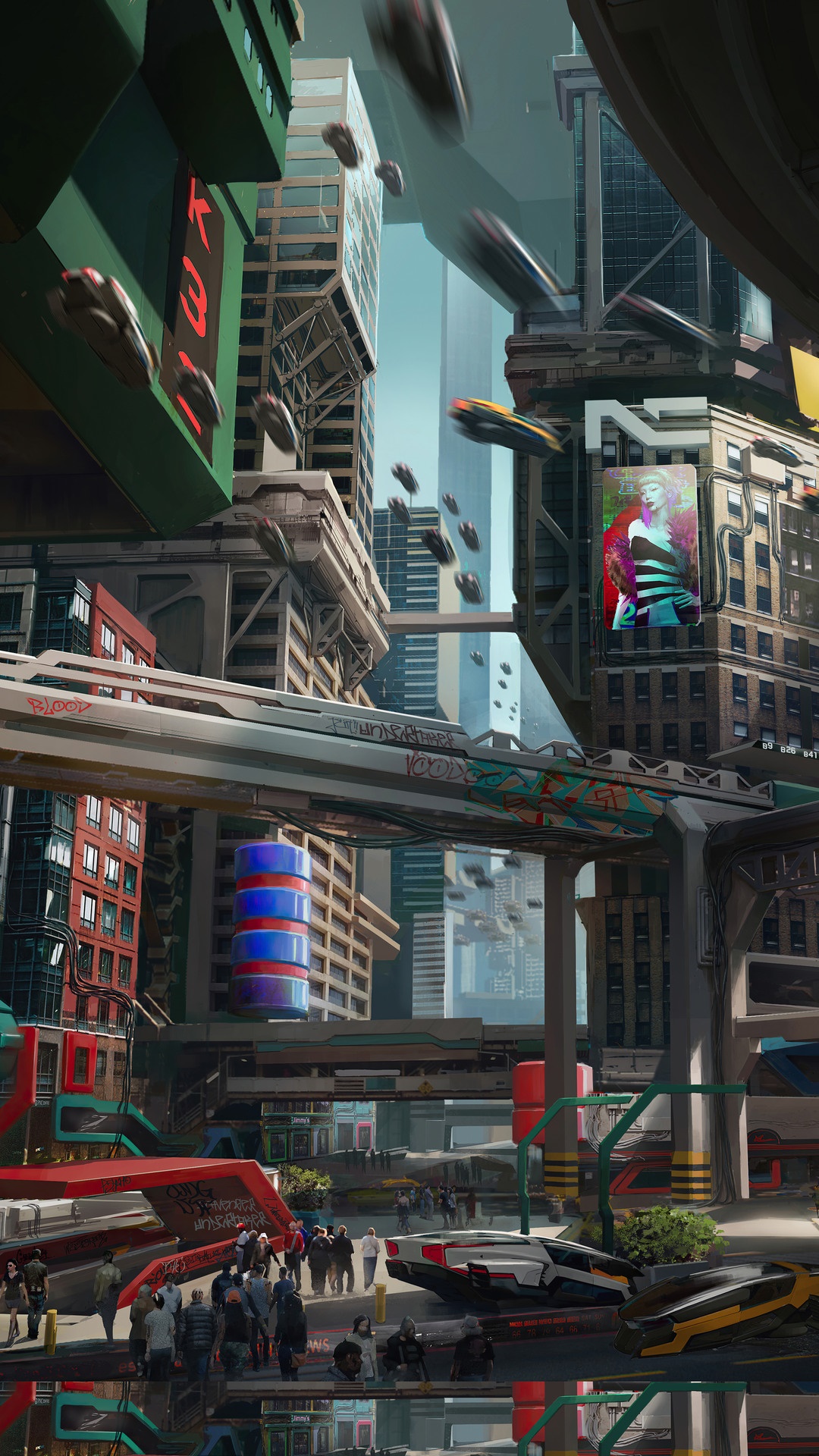 Cyberpunk 2077 city with flying vehicles HD Phone Wallpaper