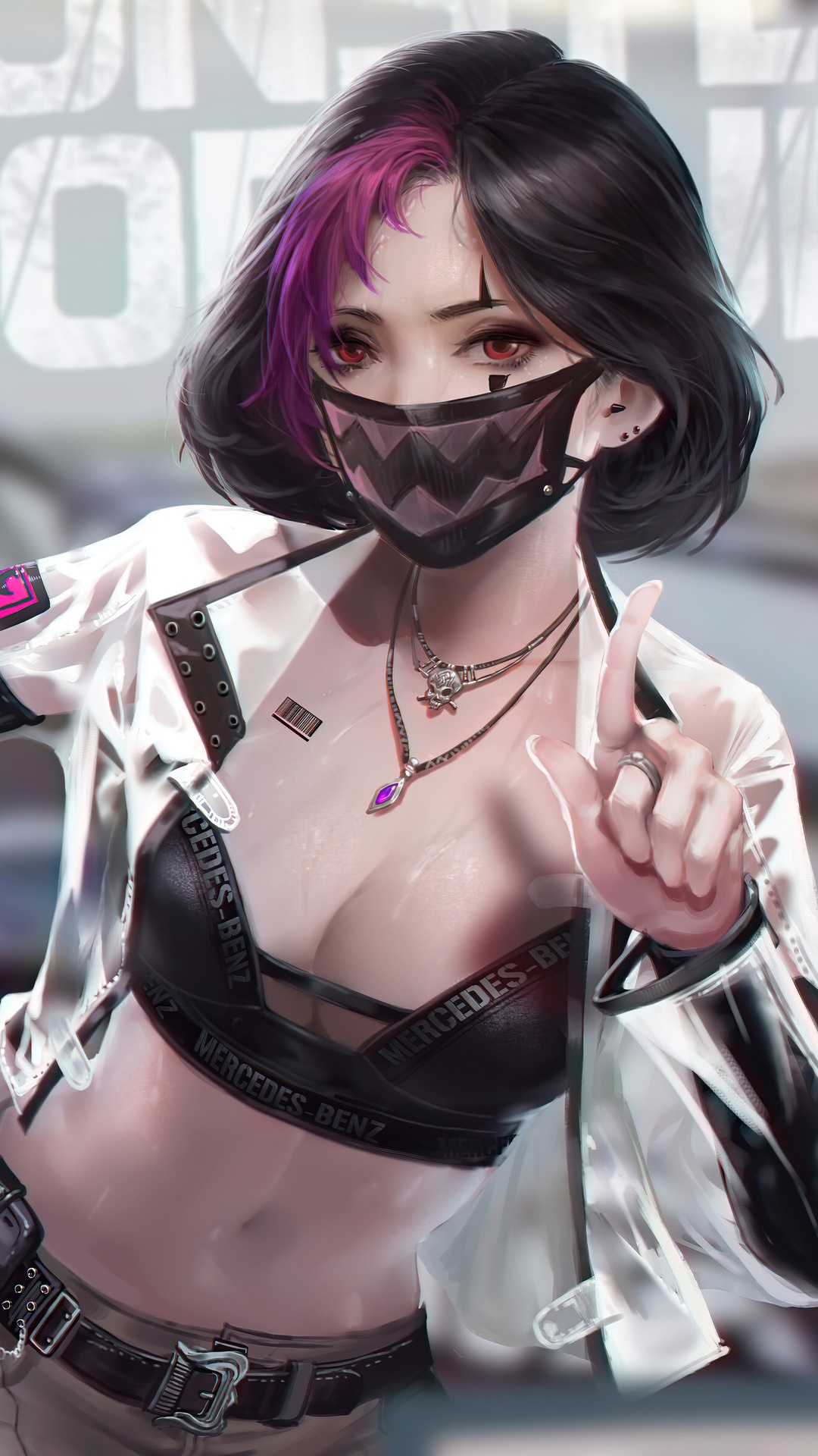 Anime girl with mask and purple hair HD Phone Wallpaper