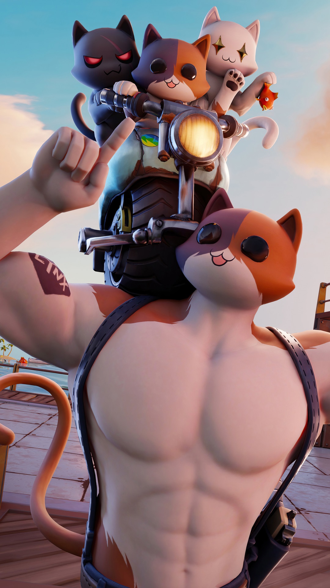 Meowscles and friends from Fortnite on a motorcycle HD Phone Wallpaper