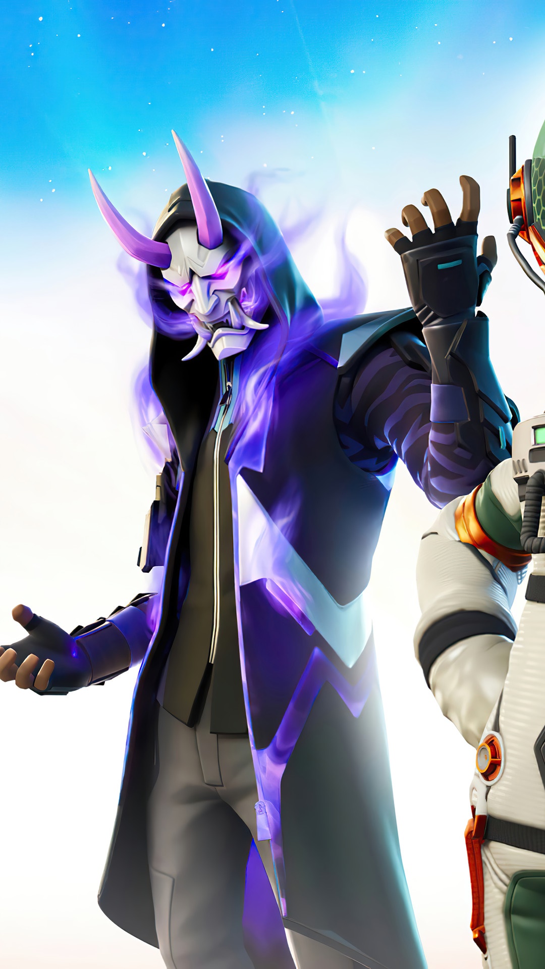 Fortnite character with Oni mask and purple smoke HD Phone Wallpaper