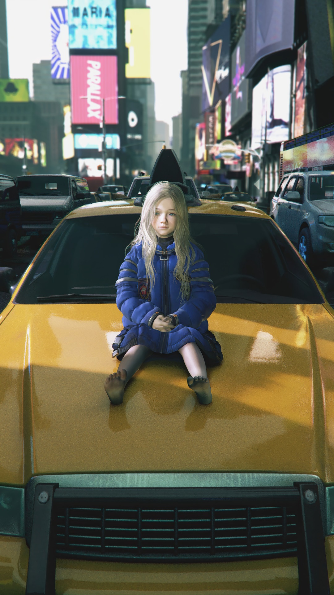 Girl sitting on a yellow taxi in Times Square HD Phone Wallpaper