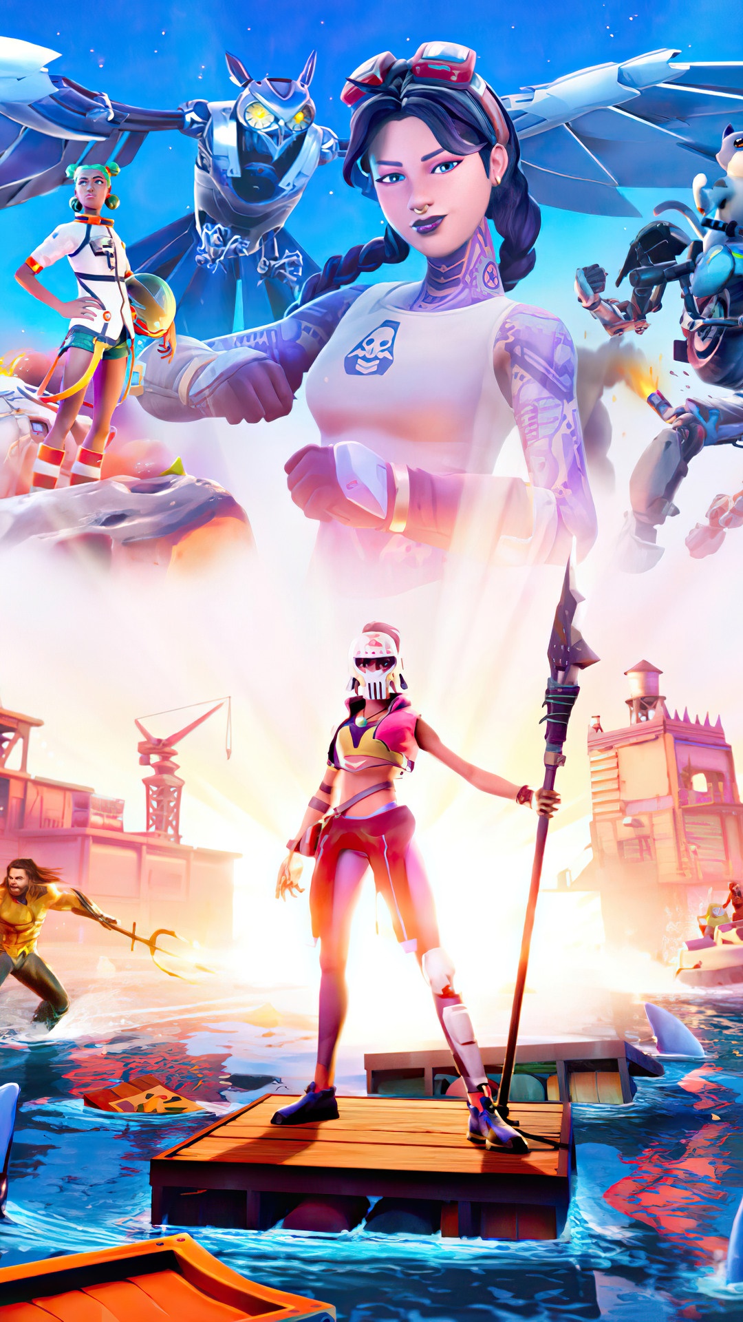 Fortnite characters on a water-themed island HD Phone Wallpaper