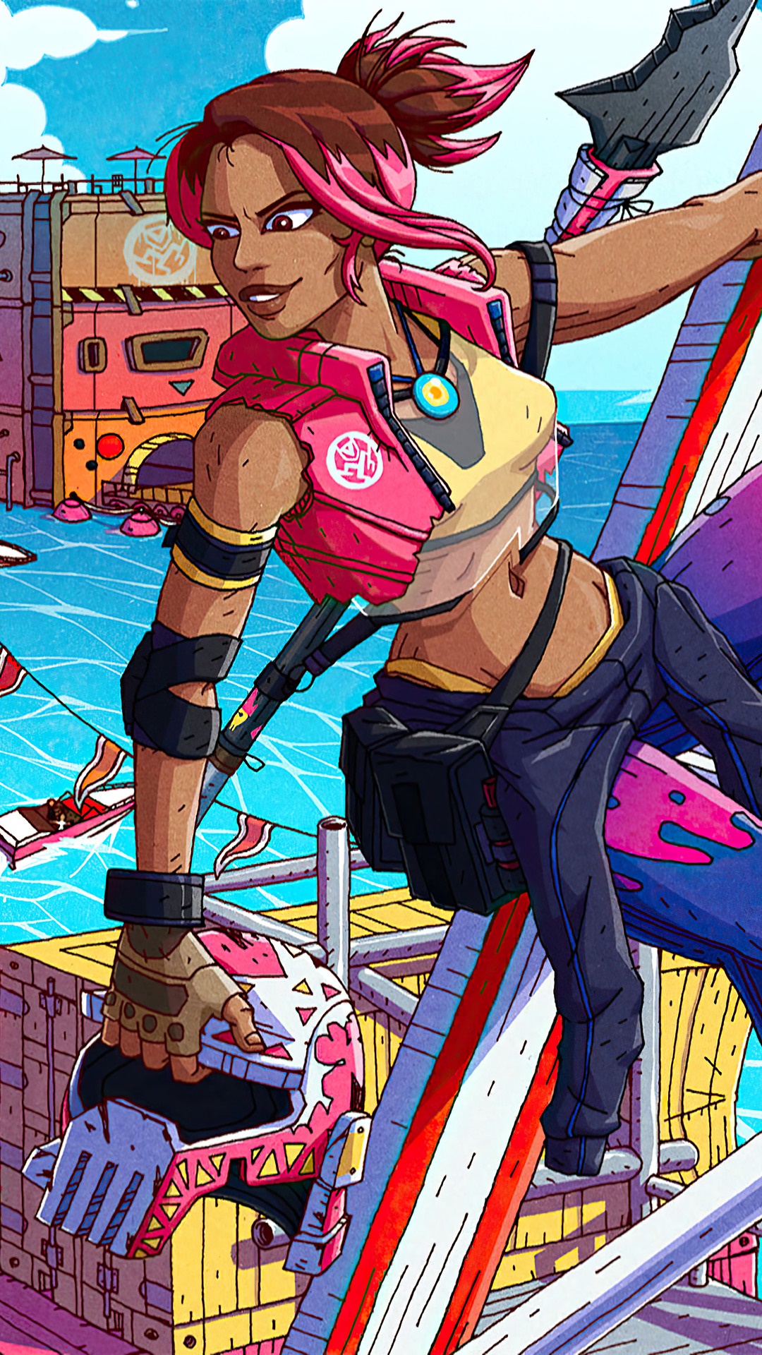 Fortnite character with pink hair on a platform HD Phone Wallpaper