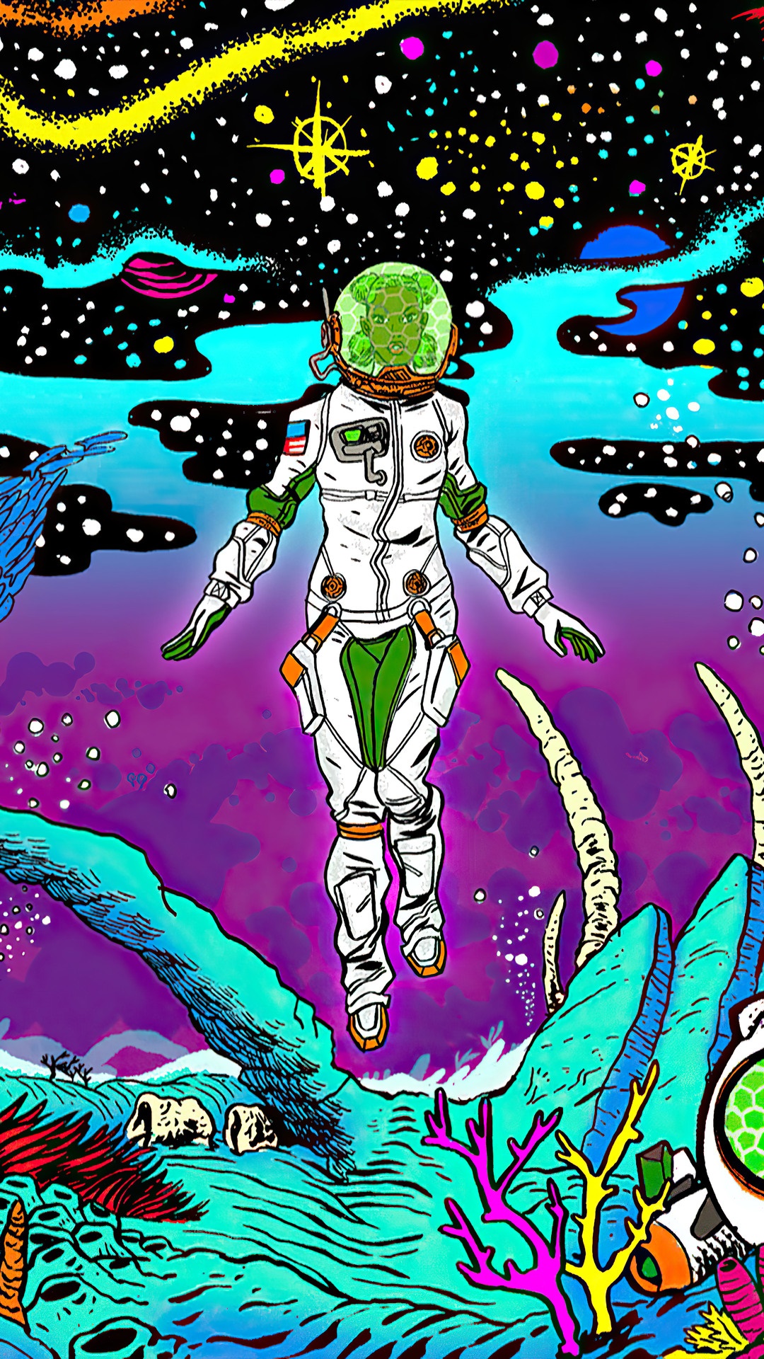 Astronaut floating in a colorful cosmic ocean HD Phone Wallpaper