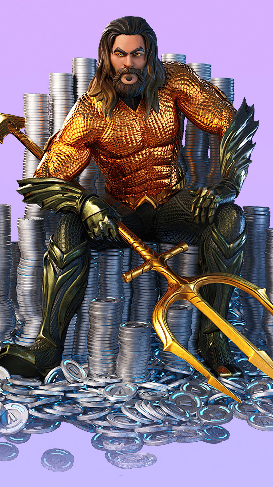 Aquaman from Fortnite sitting on coins with trident HD Phone Wallpaper