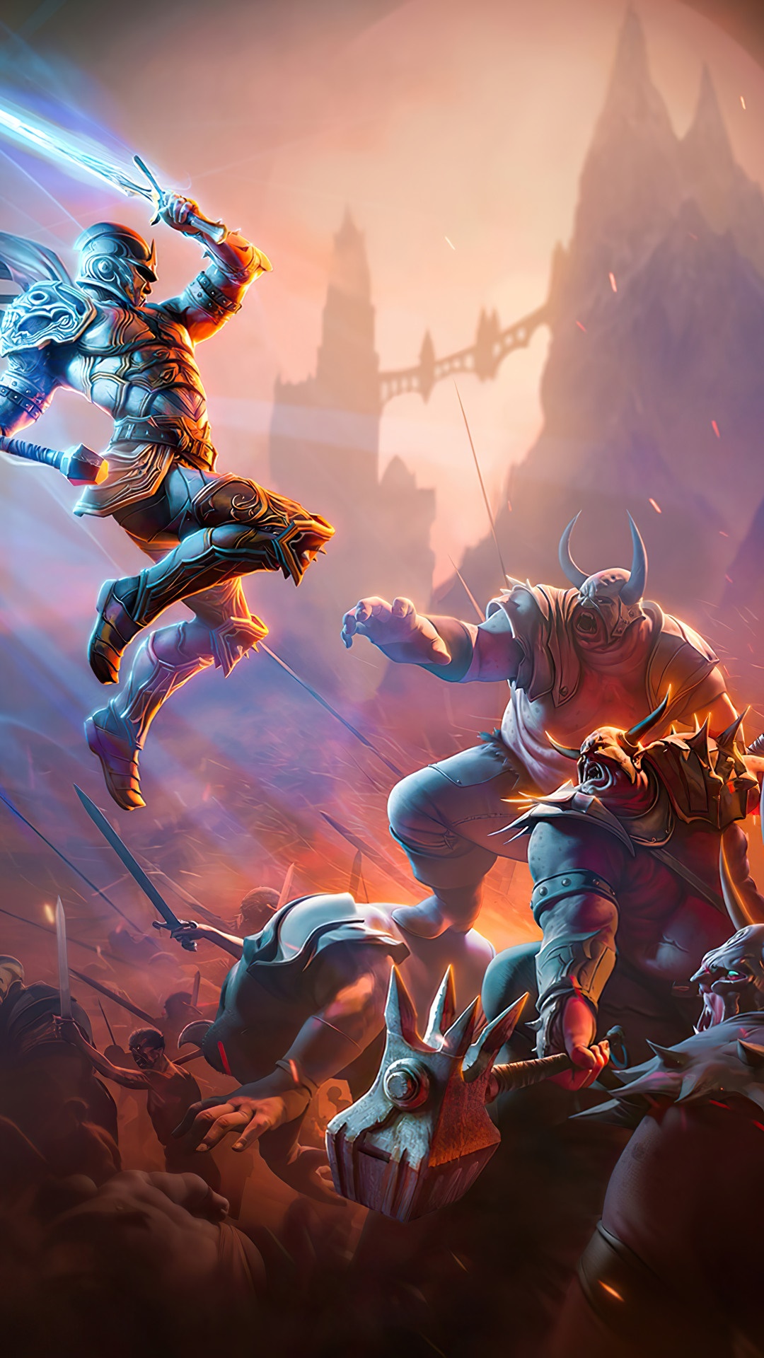 Warriors battling in a fantasy landscape HD Phone Wallpaper