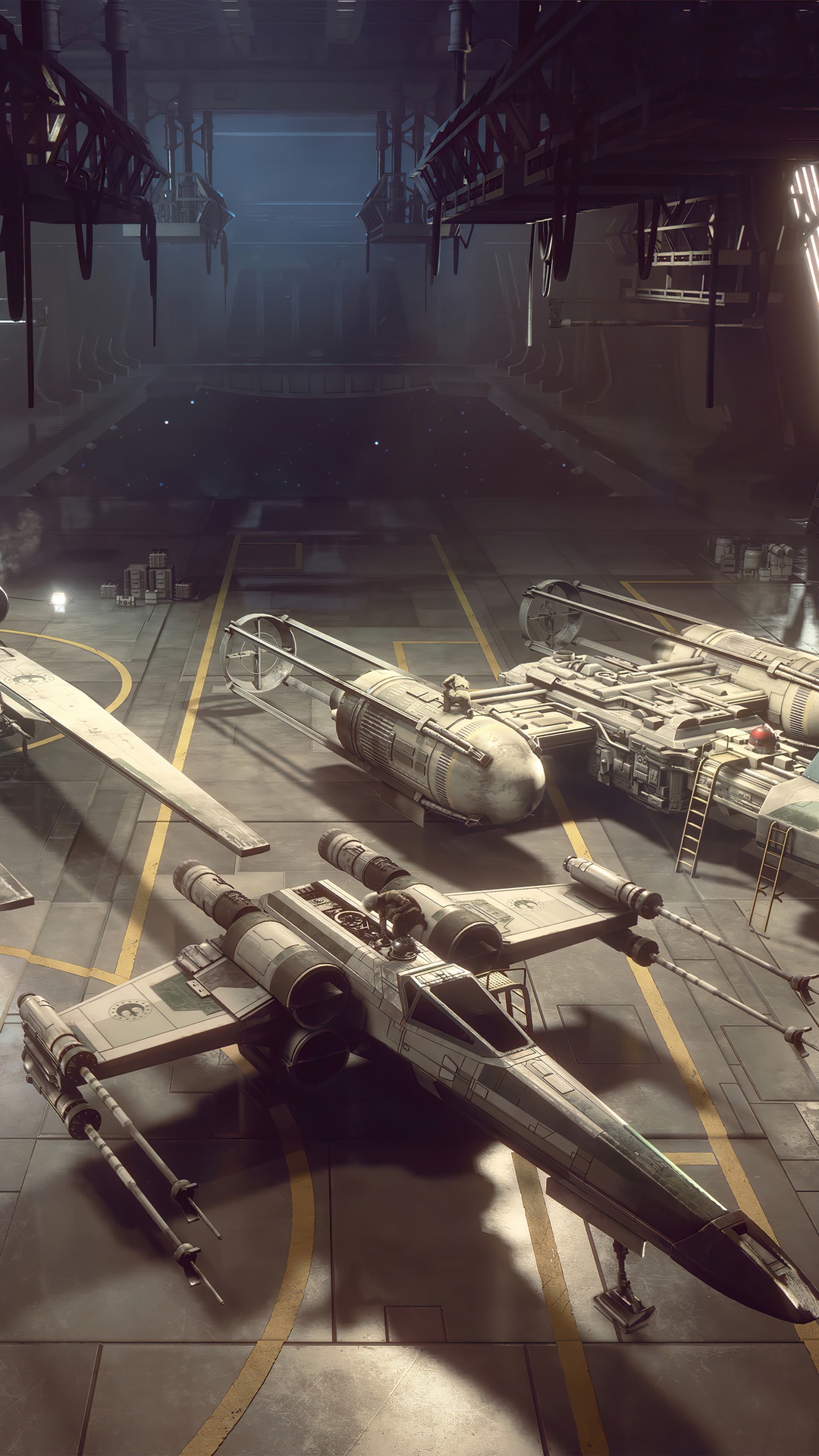 Star Wars Squadrons X-Wing and Y-Wing Fighters in Hangar HD Phone Wallpaper