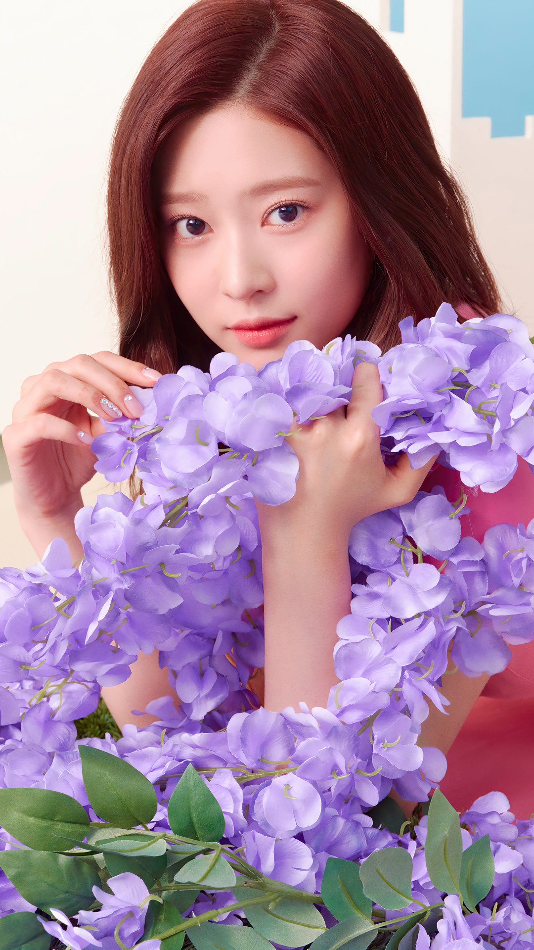 Kim Min-ju from IZONE with purple flowers HD Phone Wallpaper