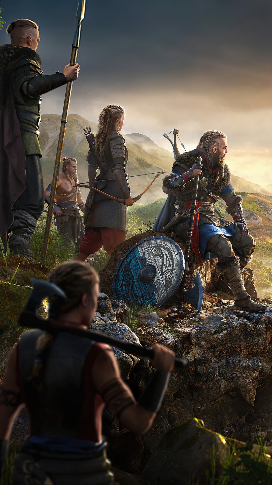 Assassins Creed Valhalla: Eivor and Vikings on a Cliff HD Phone Wallpaper