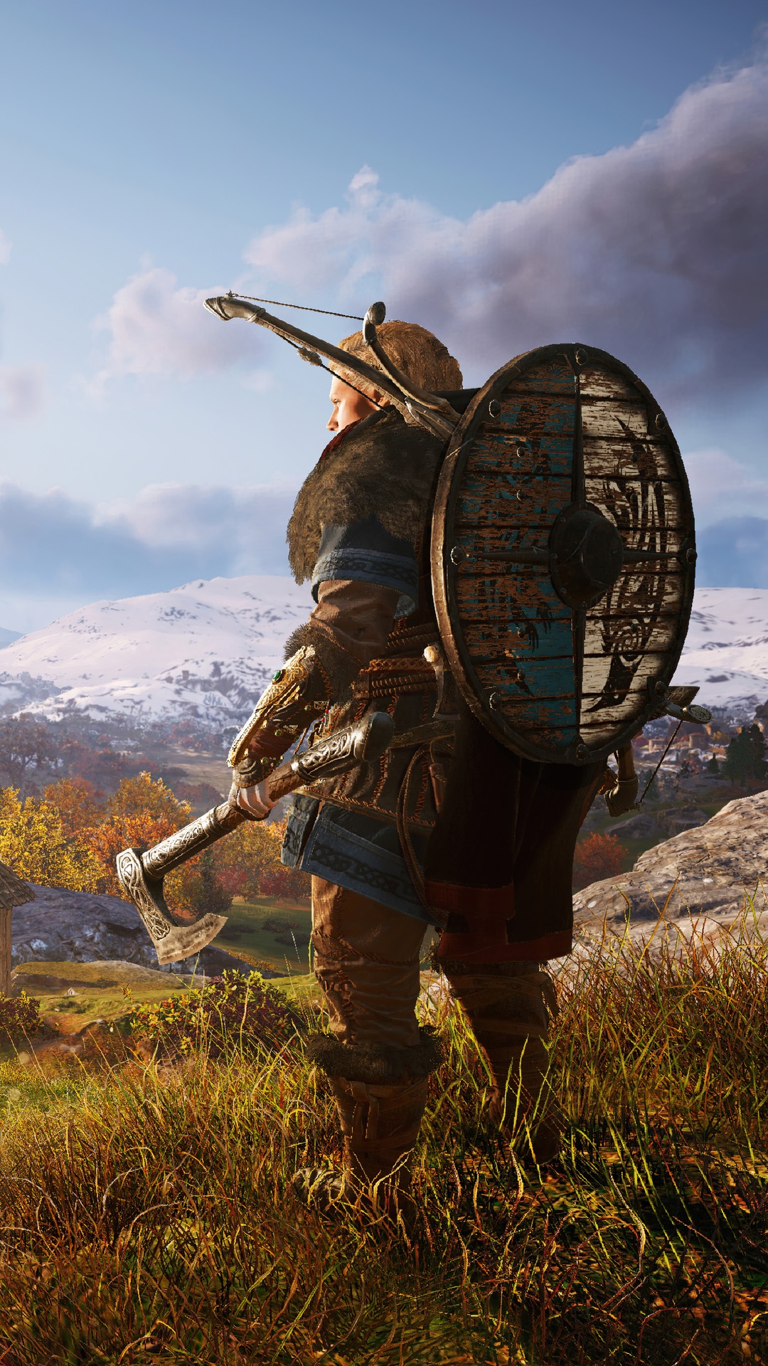 Eivor from Assassin's Creed Valhalla with axe and shield HD Phone Wallpaper