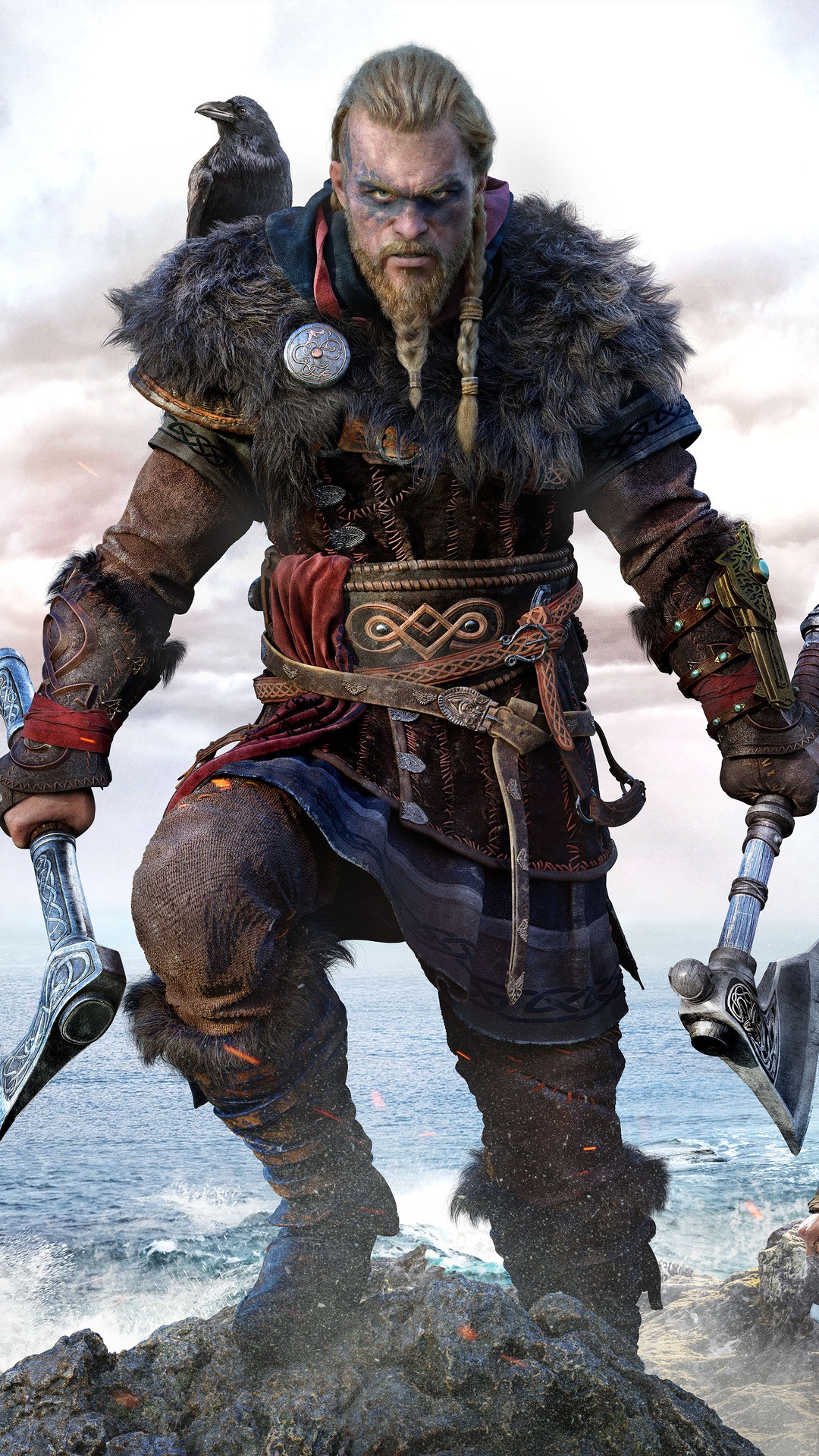 Eivor from Assassins Creed Valhalla with axes and raven HD Phone Wallpaper