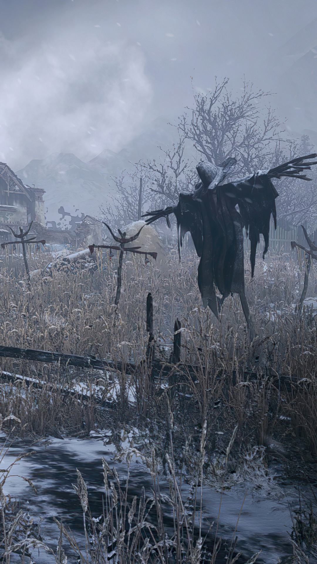 Resident Evil Village scarecrows in a snowy field HD Phone Wallpaper