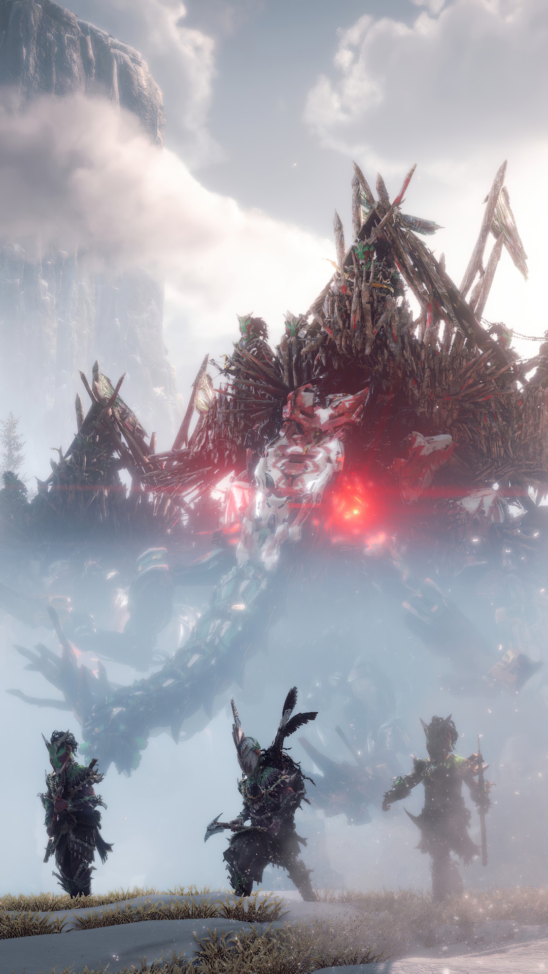Horizon Forbidden West characters facing a large machine HD Phone Wallpaper