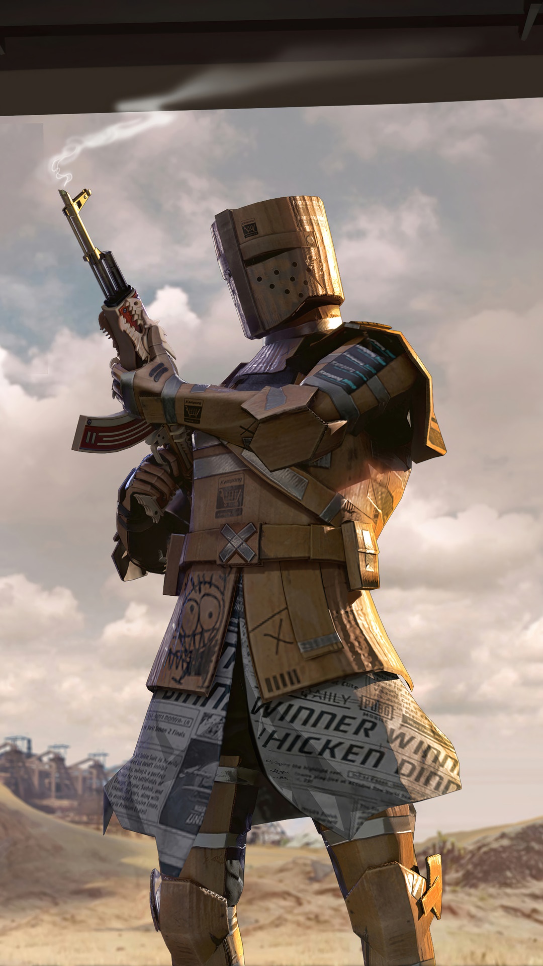 PUBG Mobile character in newspaper armor holding a rifle HD Phone Wallpaper
