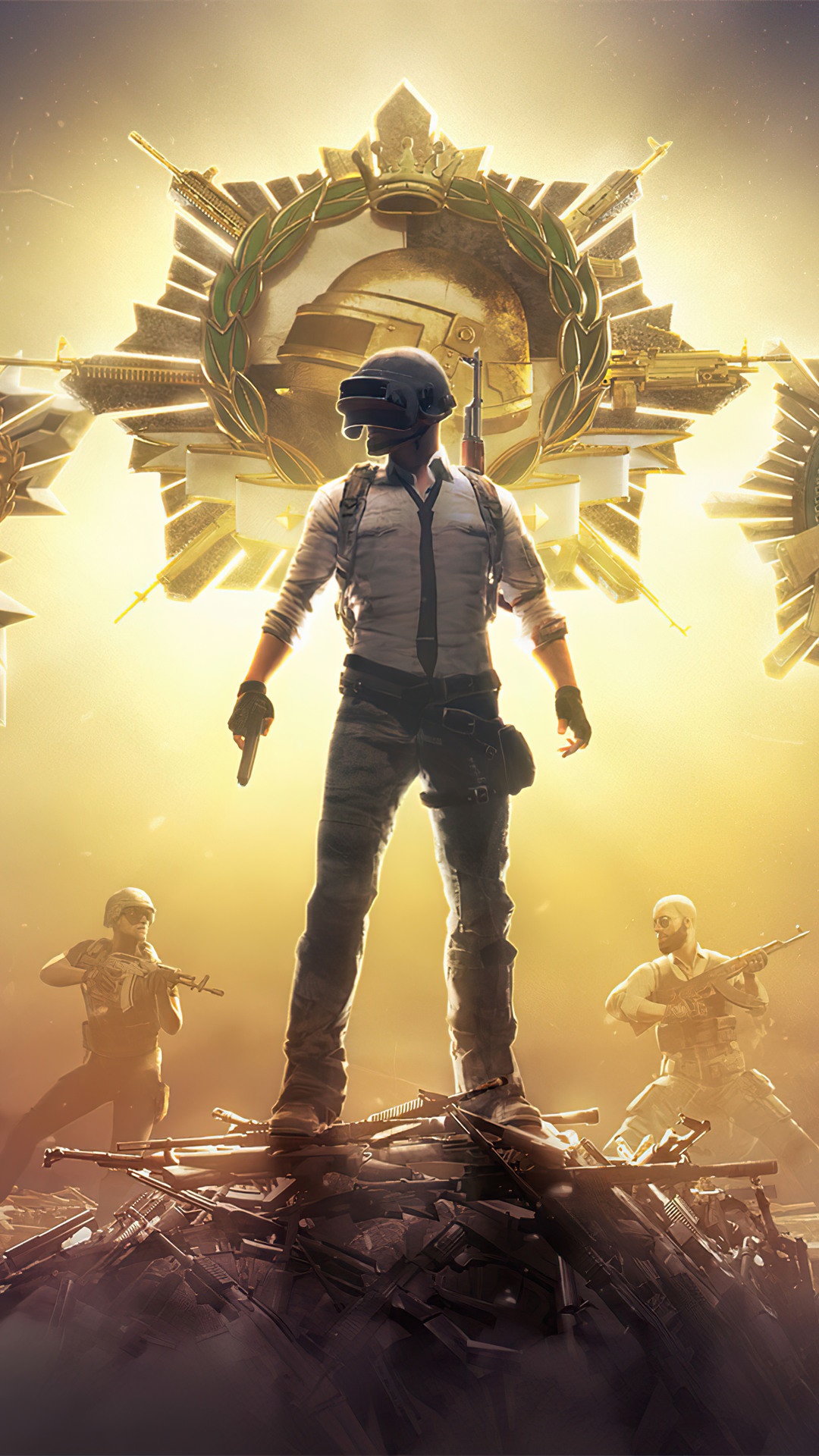 Player from PUBG standing on weapons HD Phone Wallpaper