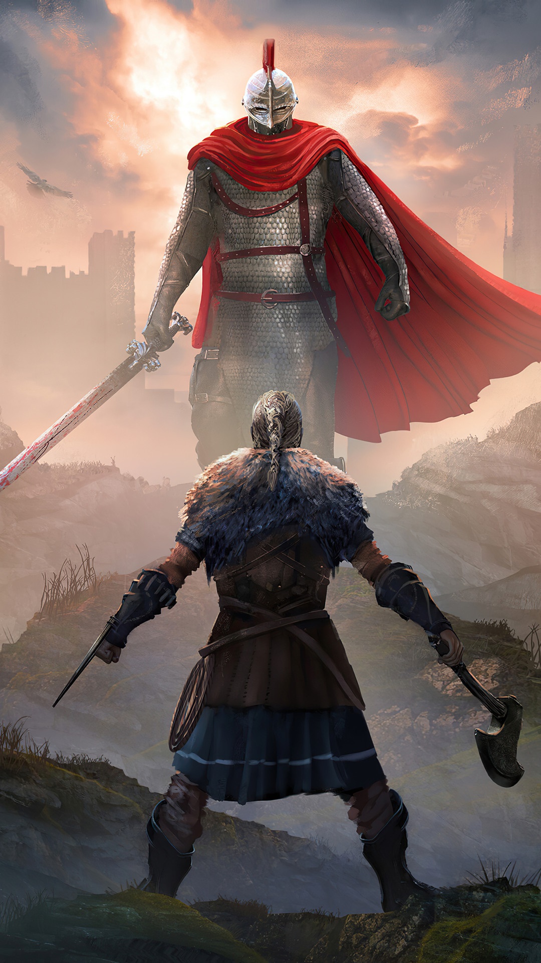 Eivor and a giant warrior from Assassin's Creed Valhalla HD Phone Wallpaper