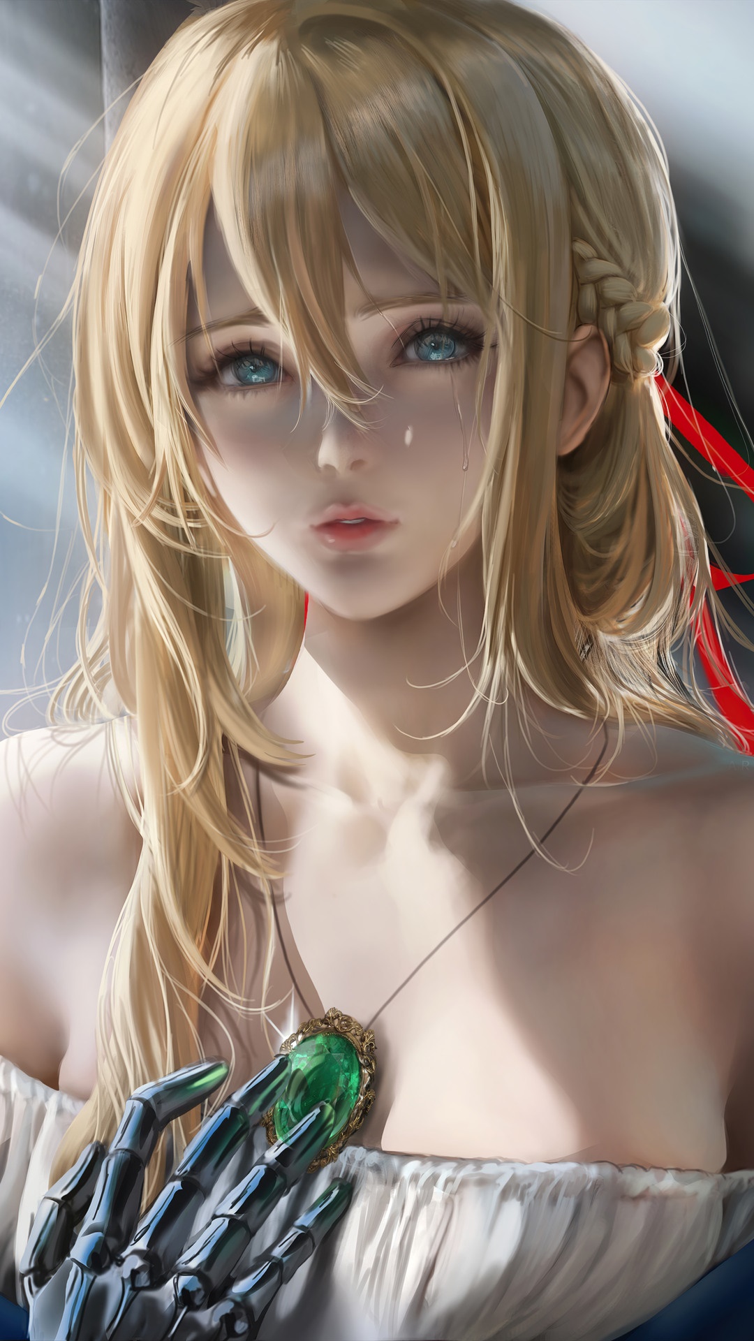 Violet Evergarden with a mechanical hand and necklace HD Phone Wallpaper