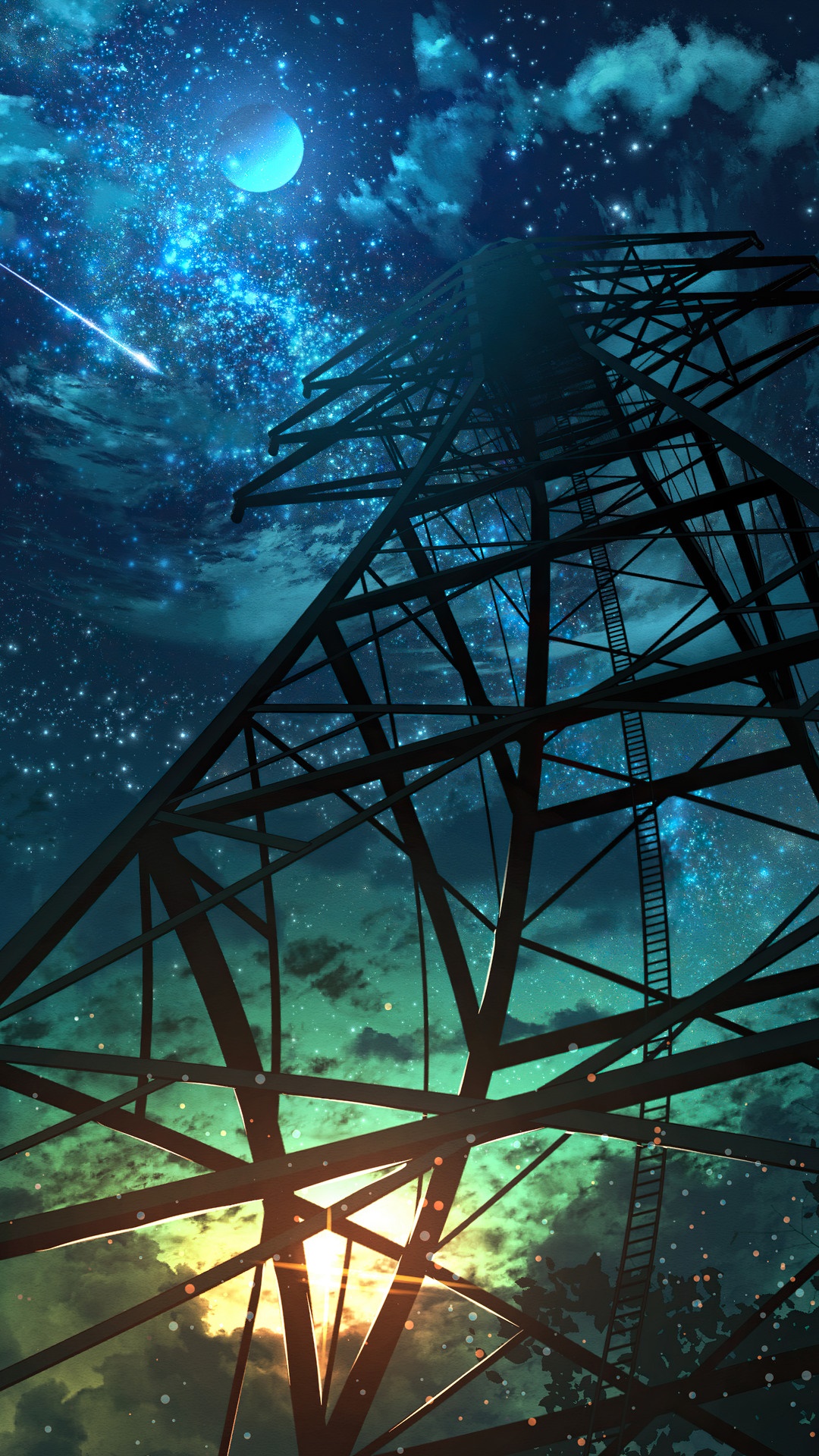 Anime night sky with a transmission tower and moon HD Phone Wallpaper