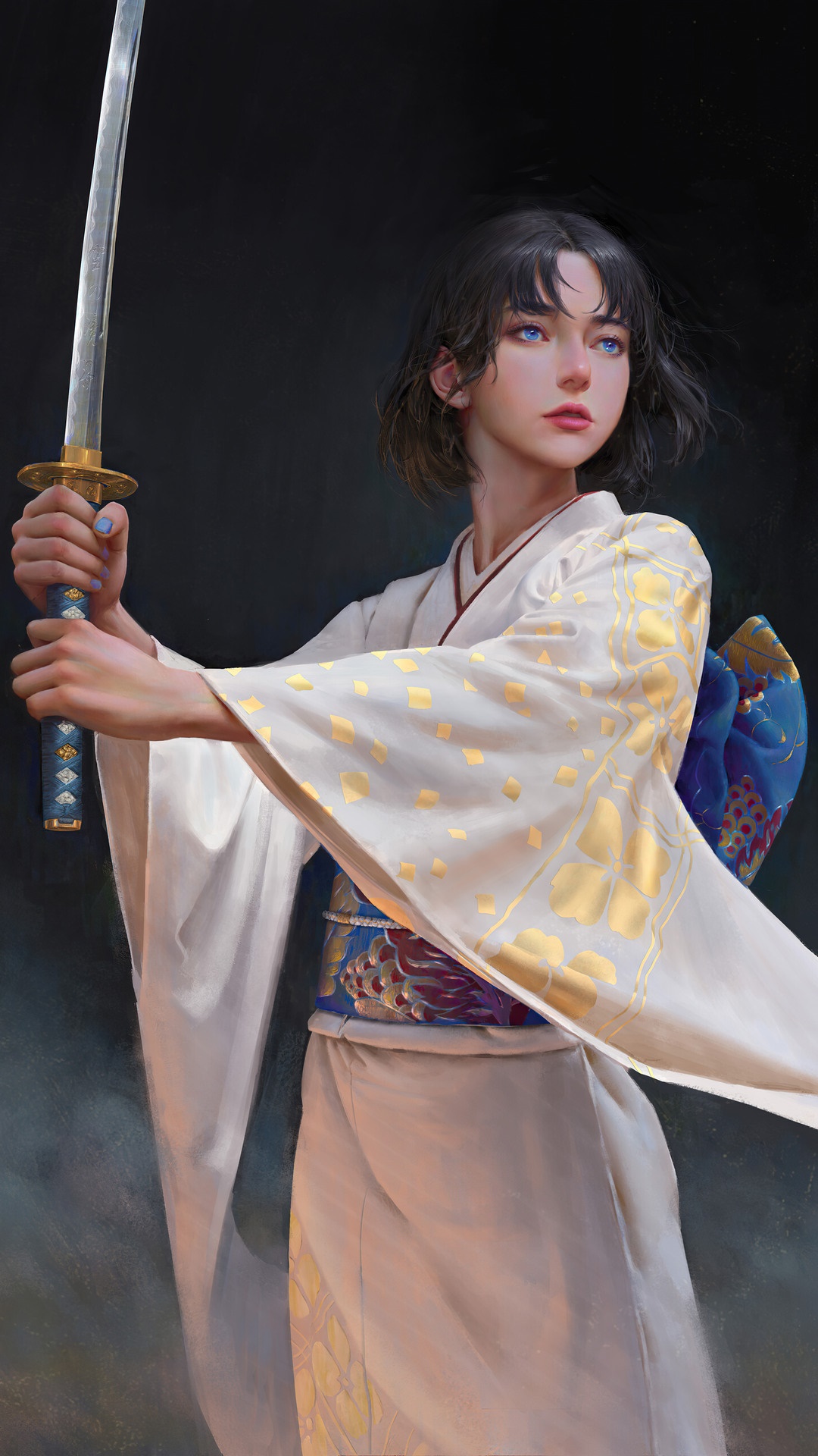 Girl in Kimono Holding Katana HD Phone Wallpaper