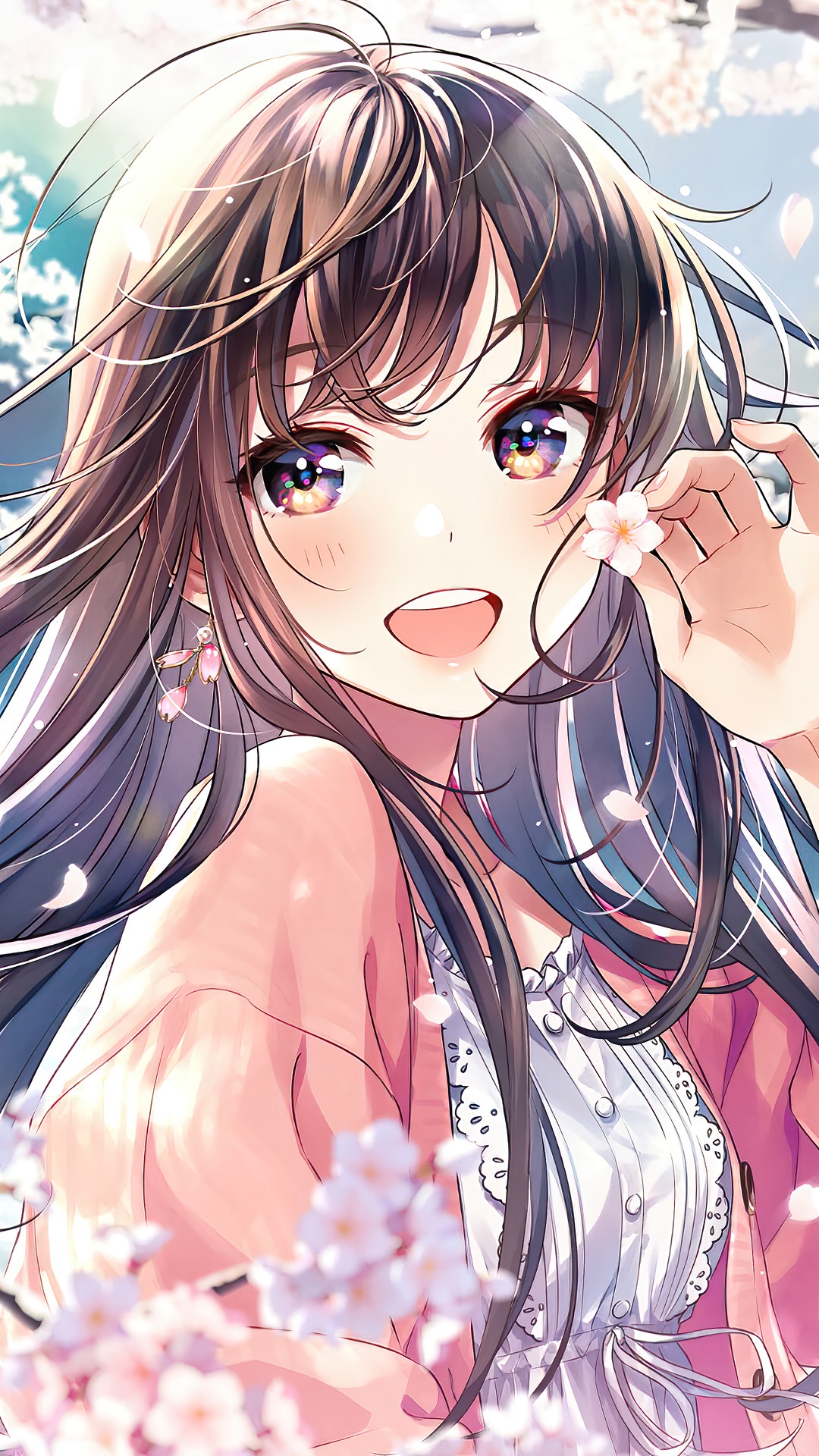Beautiful Anime Girl with Flowers and Blush HD Phone Wallpaper