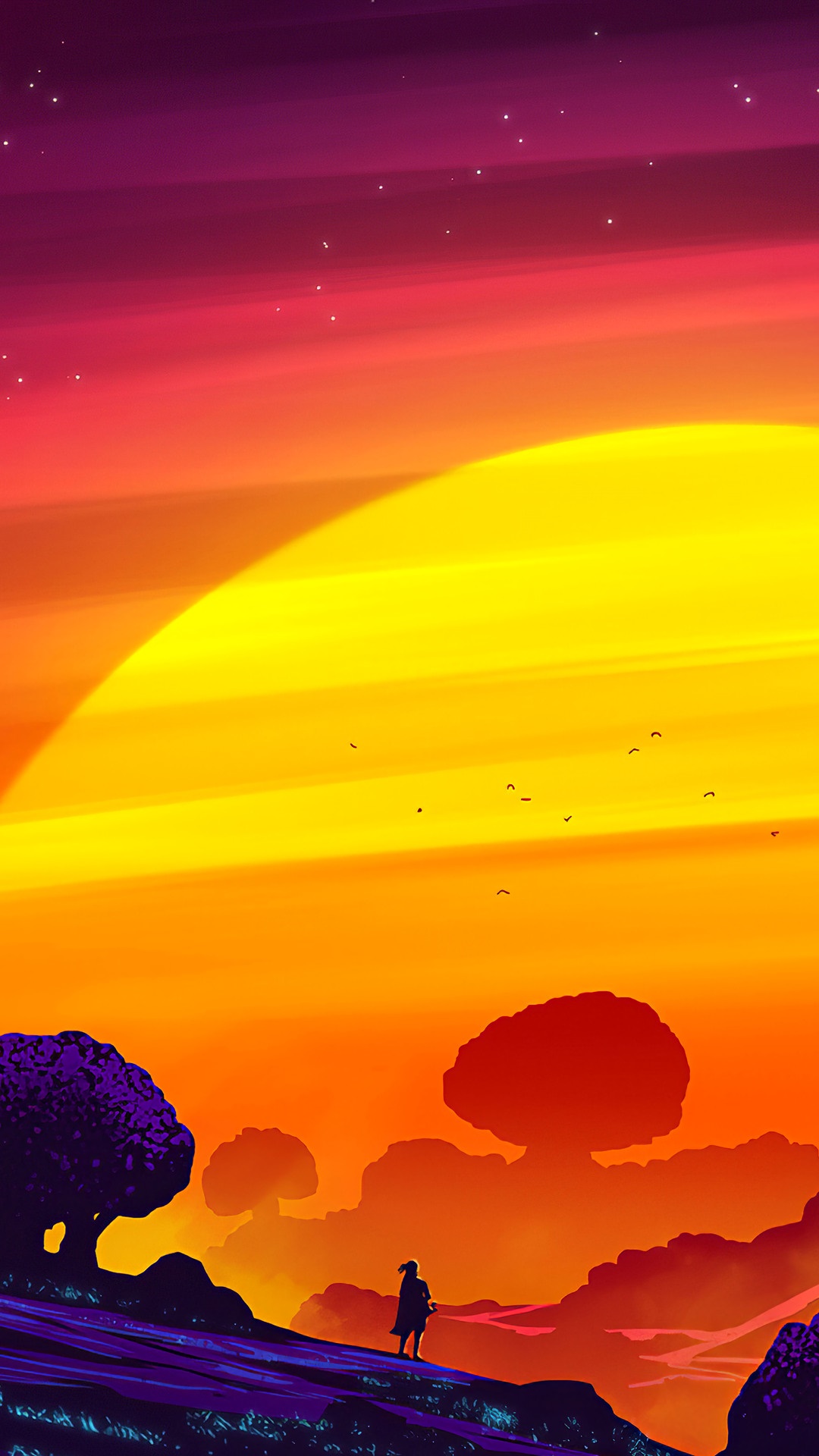 Digital art of a sunset landscape with a lone figure HD Phone Wallpaper
