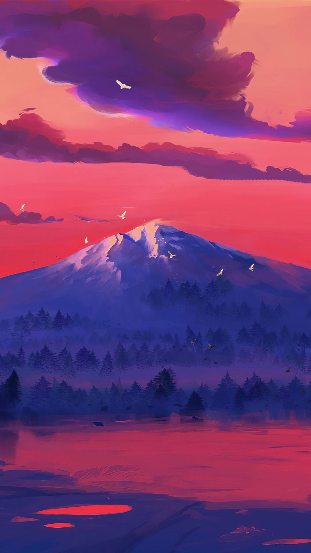 Digital art of a mountain range at sunset with birds flying HD Phone Wallpaper